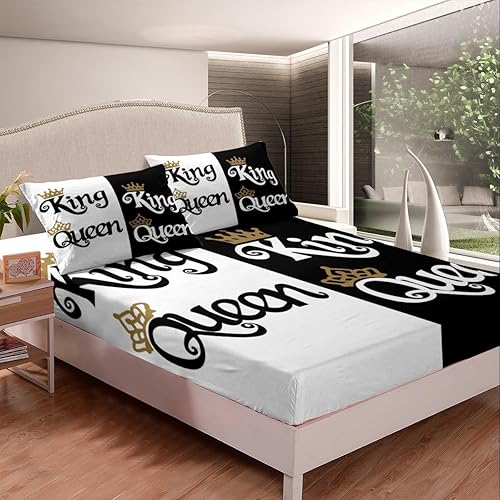 Miniatura 2 de Juego de sábanas de 4 piezas con diseño de corona de dibujos animados, tamaño Queen, King, para parejas, amantes de parejas, adolescentes, mujeres,