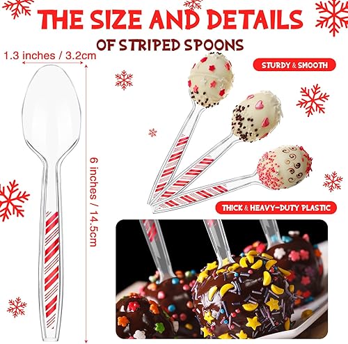 Miniatura 2 de Paquete de 100 cucharas desechables de plástico transparente de Navidad de 6 pulgadas con patrón de rayas rojas, utensilios transparentes para