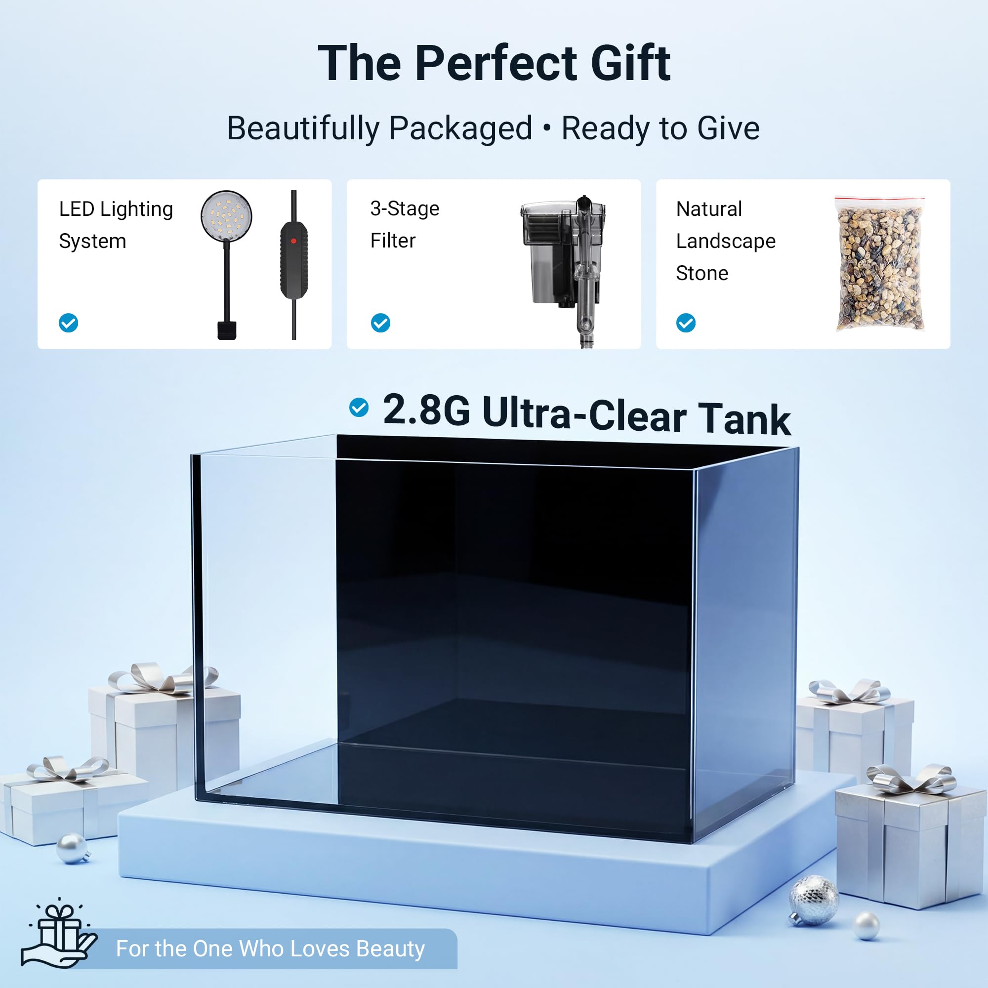 Smart Fish Tank Aquarium Kit: pecera de escritorio ultra transparente de 2.8 galones con luz LED y filtro, incluye piedra de paisaje, juego completo para peces pequeños, camarones o betta, negro
