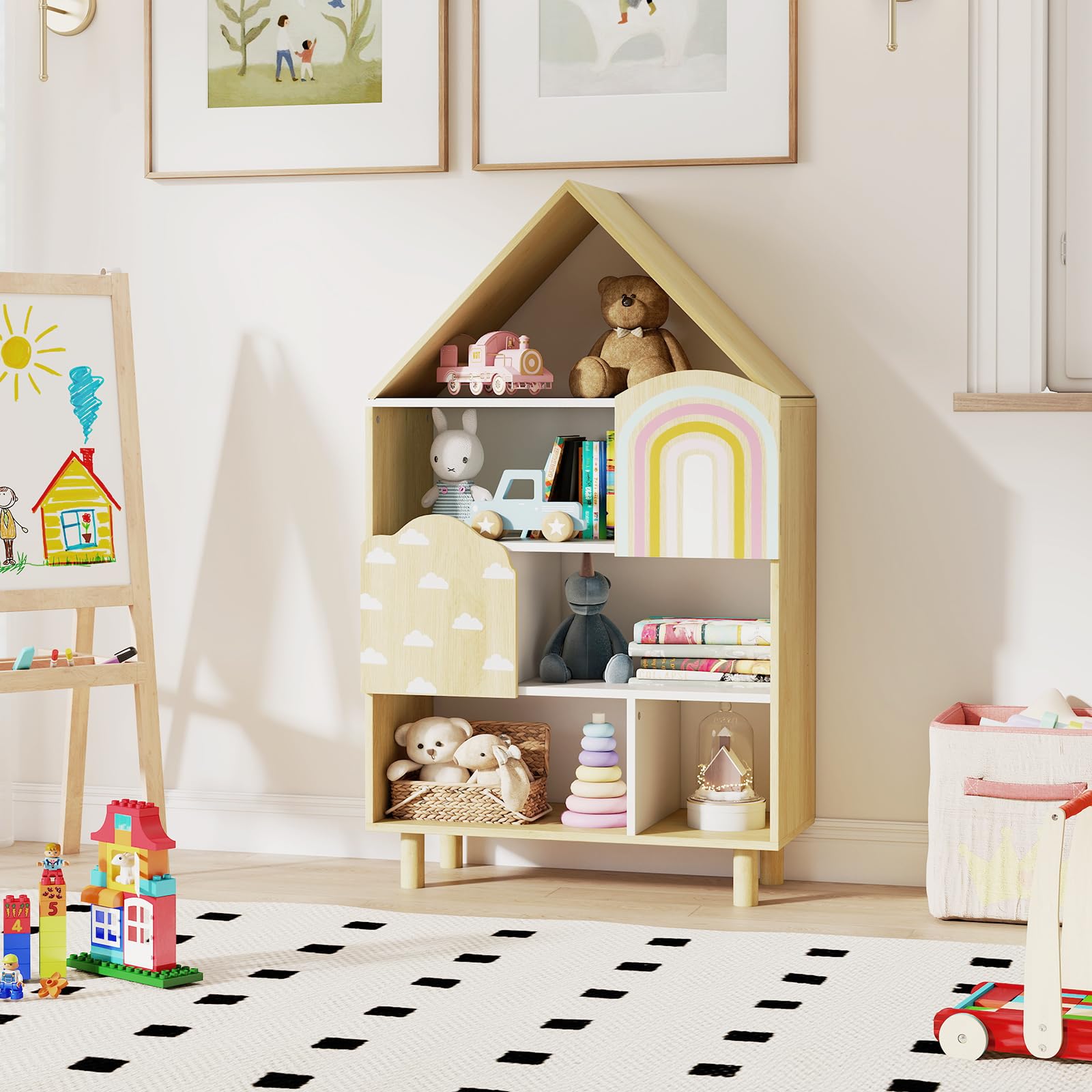 FANTASK Montessori - Libreria in legno, per bambini, a forma di casa, con 2 ante e gambe in legno massiccio, a 4 livelli, per camera dei giochi, cameretta dei bambini e camera da letto (naturale)