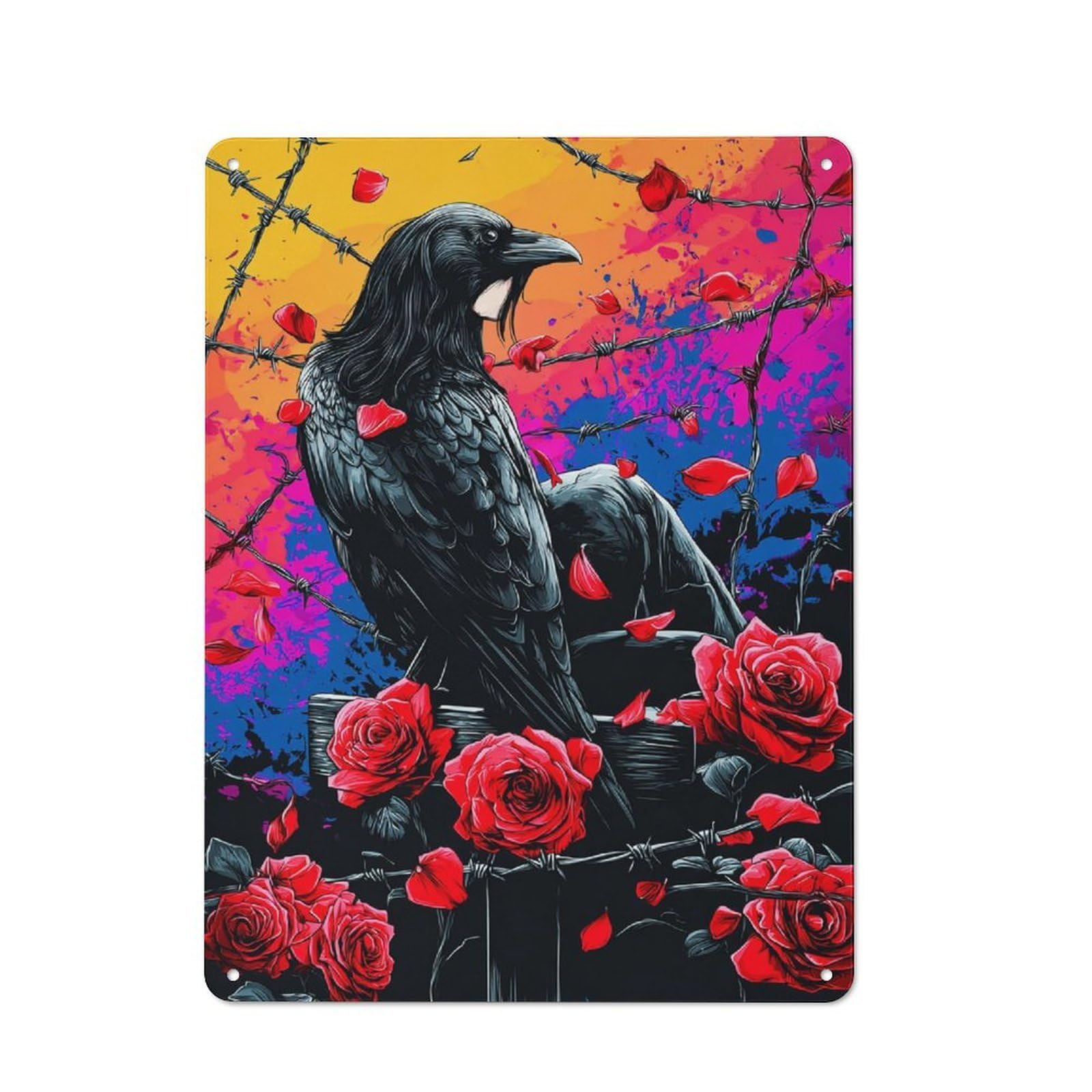 Junmoney Raven Amidst Barbed Wire And Roses -1 Printed Metal Sign 40X30cm For Hobby Room Or Studio, For Creative Interior Collectors