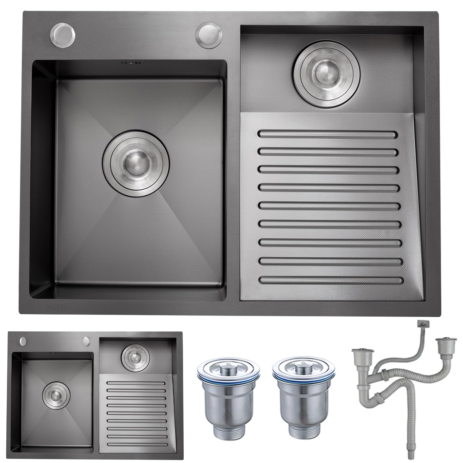 WIQUYBML Stainless Steel Laundry Sink With Integrated Washboard, Heavy-Duty Handwashing Tub Drain Kits, Durable Utility Washing Basin For Basement, Room, Garage, Outdoor Use(Black Right,60x48x22cm