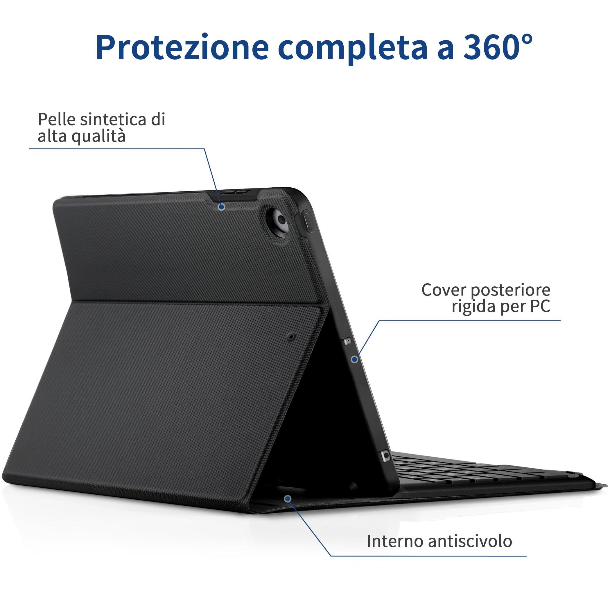 EasyAcc Cover iPad 9 Generazione con Tastiera Compatibile con iPad 10.2 Pollici 8a/7a Generazione con Pellicola Protettiva, [Italiano], Custodia Protettiva per Tastiera Rimovibile con Portapenne, Nero