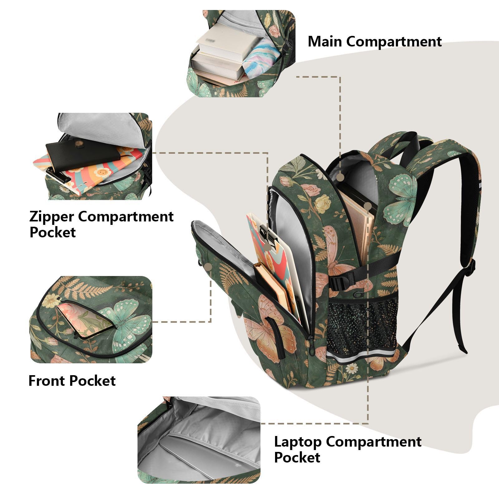 Countryside Butterfly Rucksack mit mehreren Taschen für Schule, Reisen, Outdoor, Uni, 17,5 Zoll Laptop-Rucksack für Damen und Herren