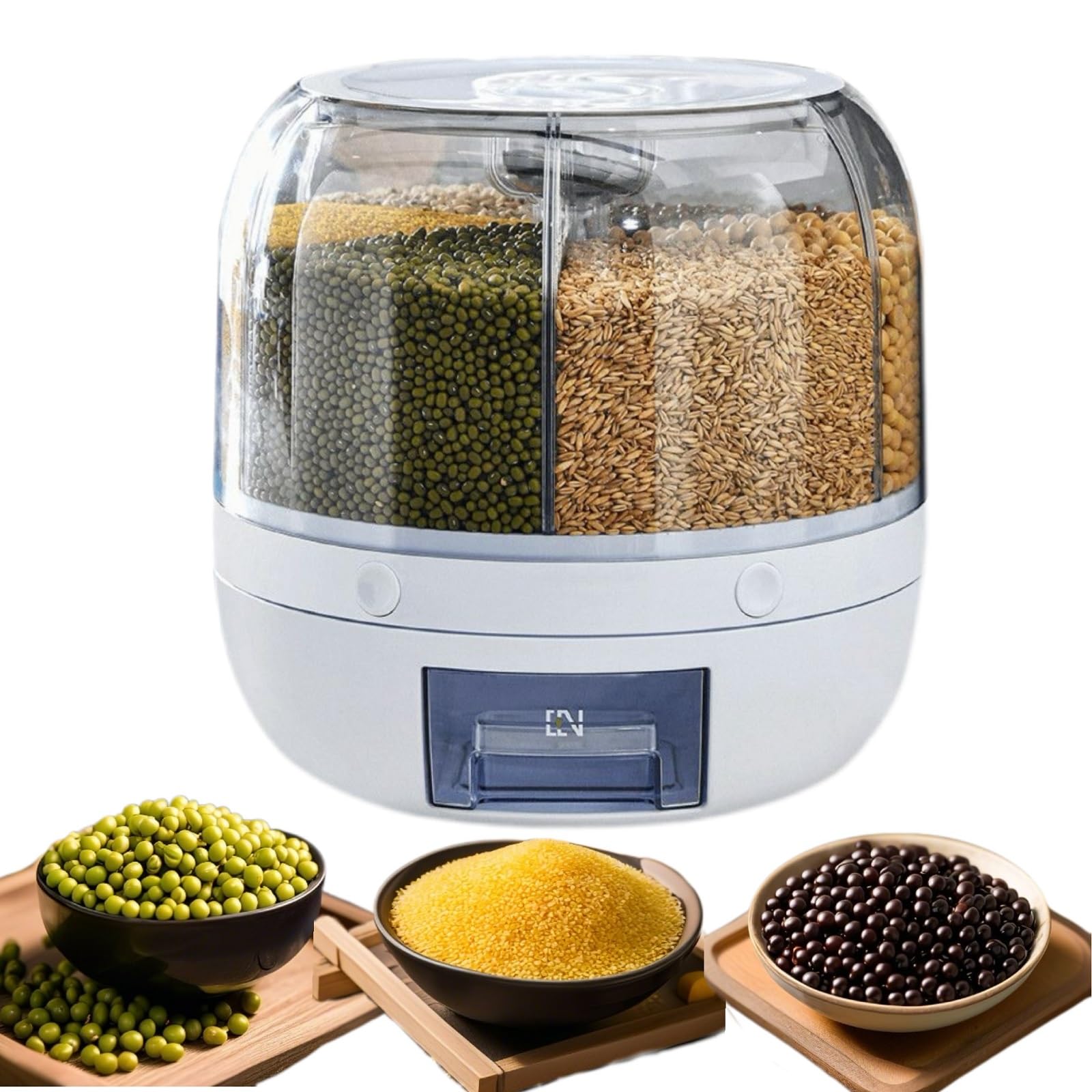 KeruRome Rotating Dry Storage 6 Grid Cereal Storage Container Dispenser Countertop, Grain Organizer and Dispenser Round 360 Food Rotating Dispenser for Store Rice, Red Beans, Yellow Beans
