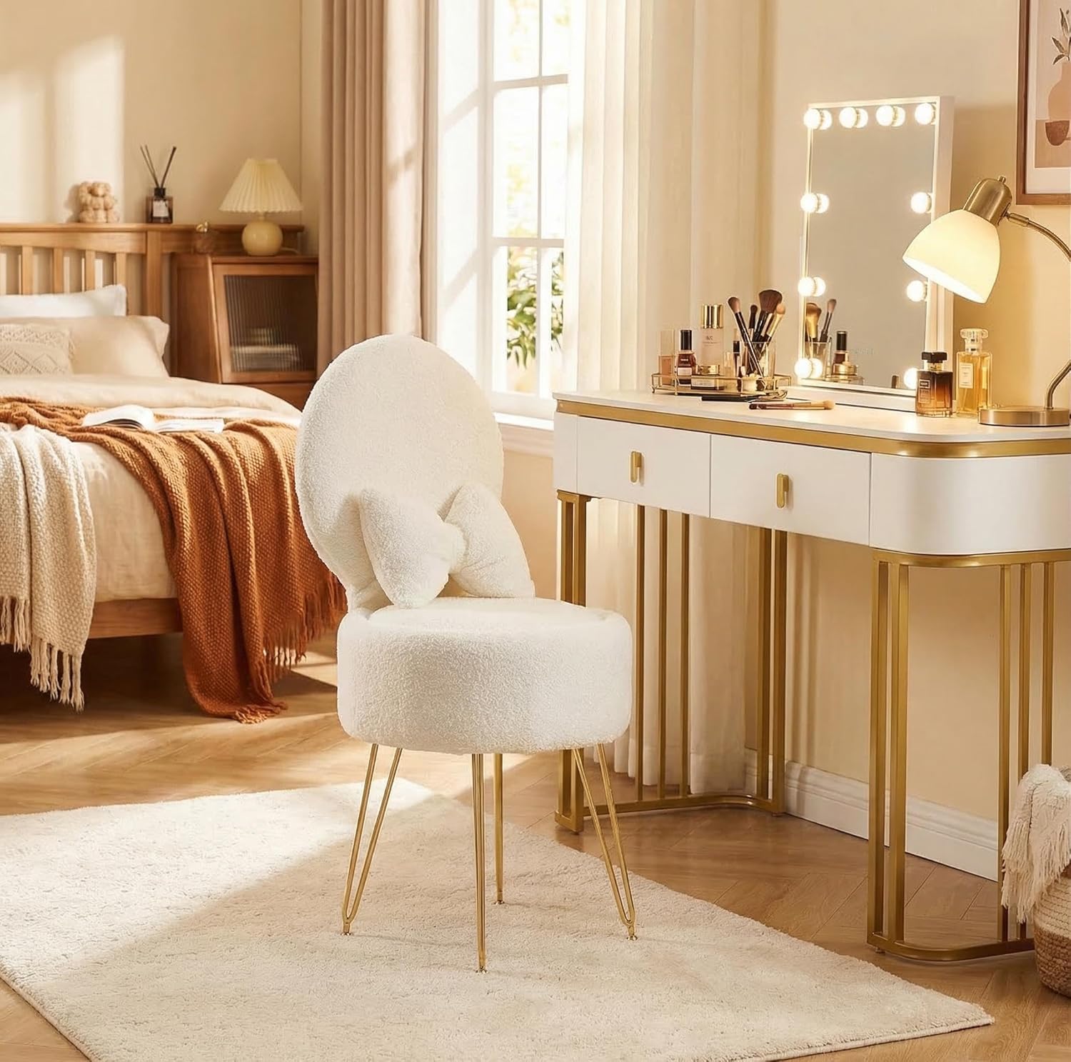 Tabouret Coiffeuse avec Rangement & Dossier Pliable
