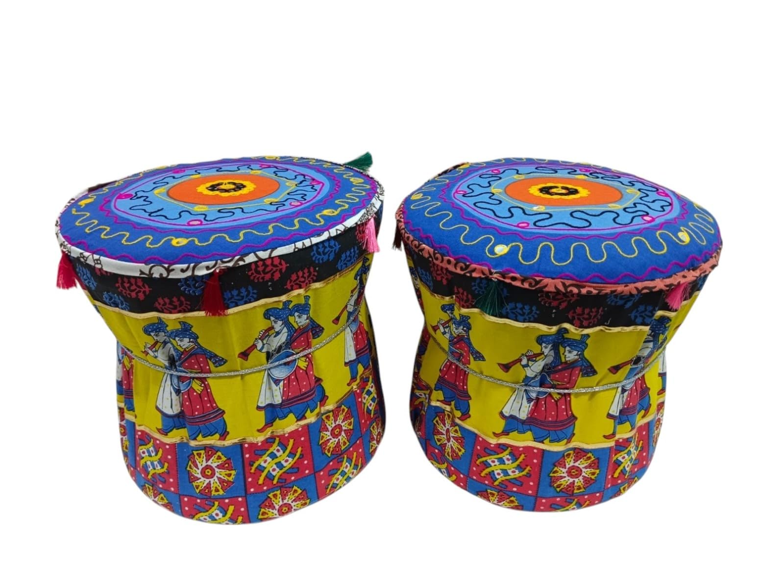 Jain-House Decor Rajsthani Style White Background with Multi Color Flower Leaf Design Pouf Mudda Cover Size 18X17 Inch