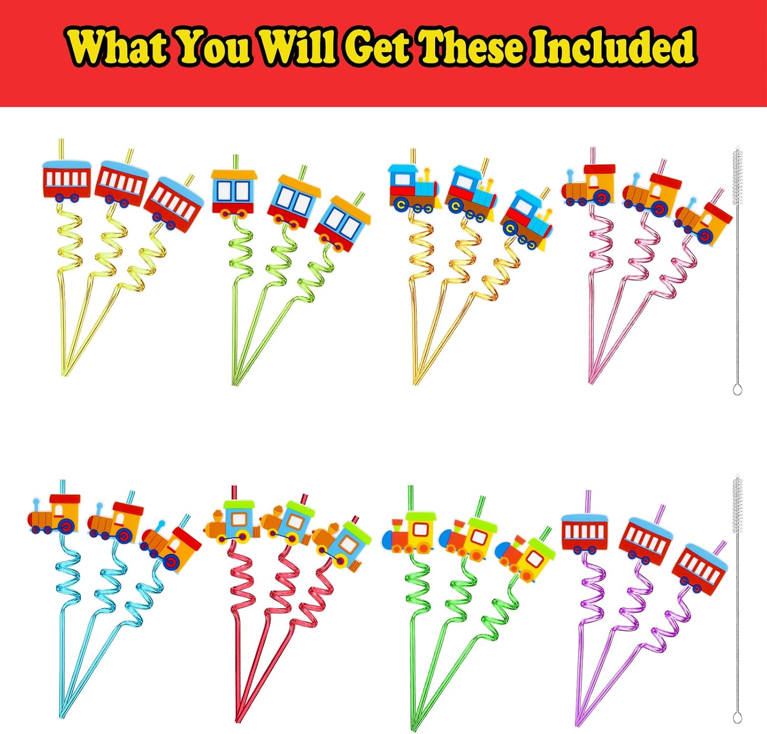 24 Pack Train Curly Straws, 8 Color Train Party Favors