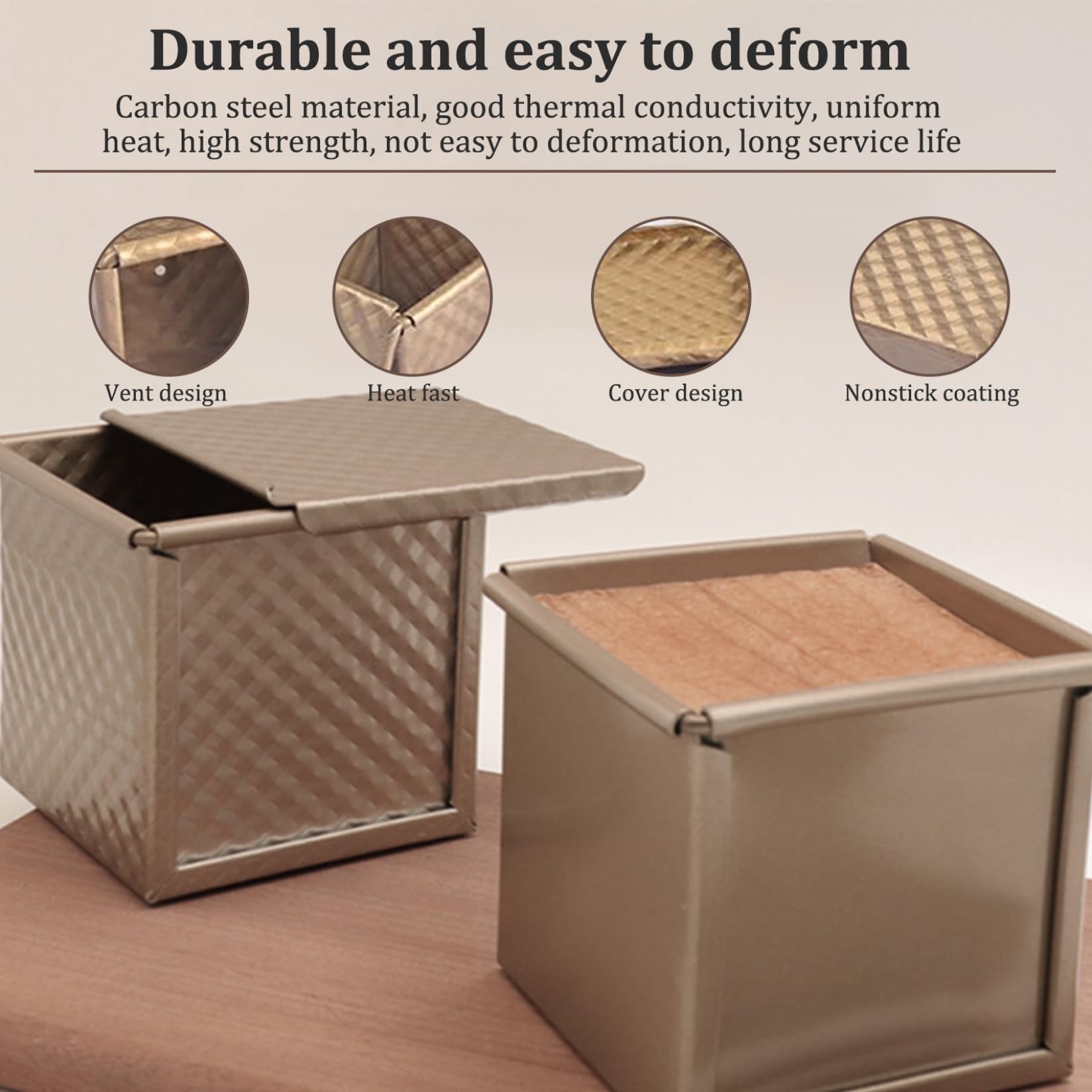 Pullman Molde para pan con tapa, 4 moldes para pan en forma de cubo, antiadherente, para hornear , mini moldes corrugados de 2, 4 x 2, pulgadas con orificios de ventilación inferiores, caja de..