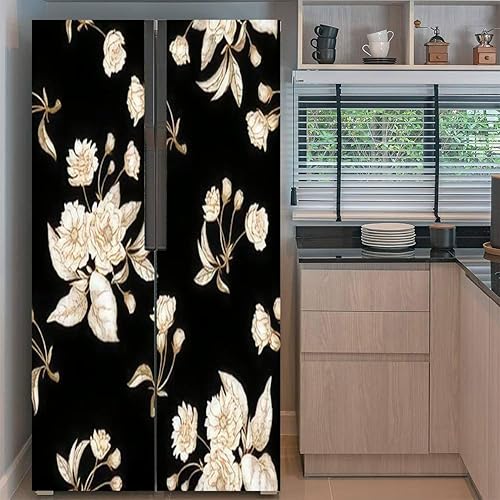 Miniatura 8 de Juego de envoltorio de vinilo autoadhesivo para refrigerador, diseño de rosas y flores negras, para diseño de tela, mural de puerta textil, adhesivo