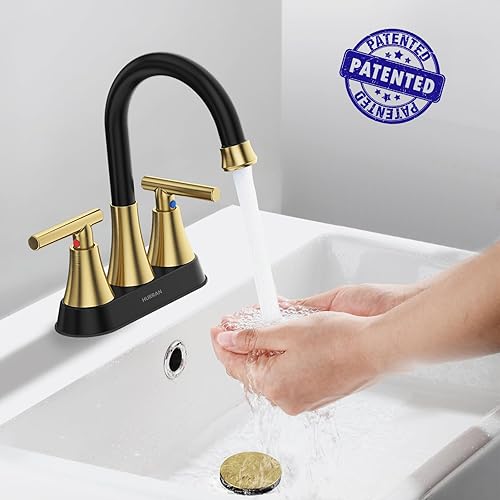 Miniatura 52 de Hurran - Grifos de baño para fregadero de 3 agujeros, 4 pulgadas, color negro mate con drenaje emergente y 2 mangueras de suministro, grifo central