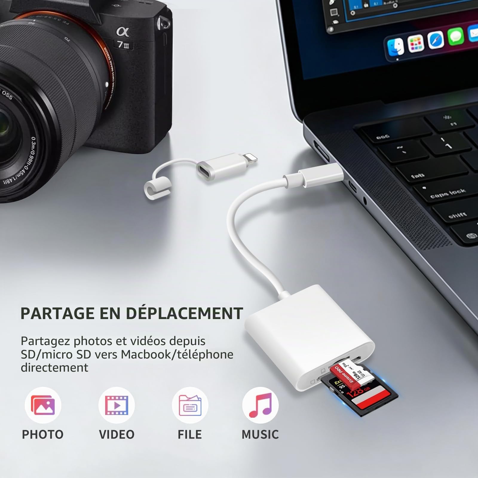 Lecteur de Carte SD Certifié Apple MFi USB-C & Lightning pour iPhone iPad Galaxy