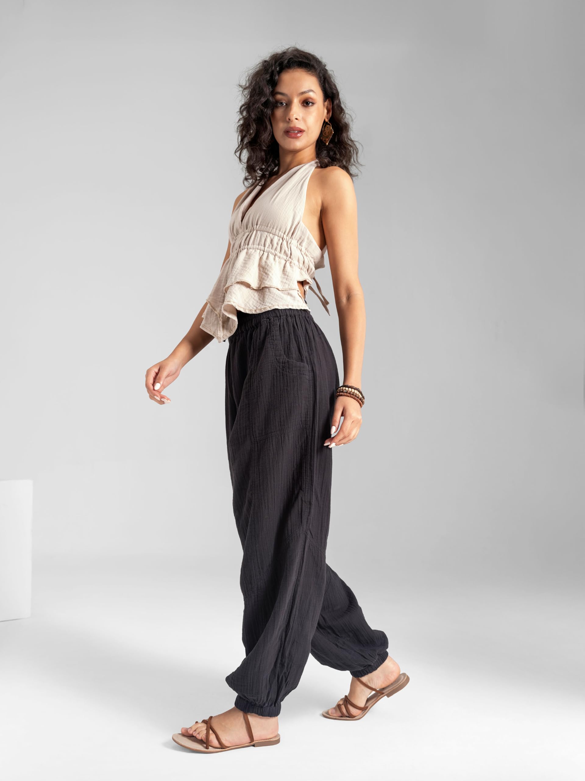 The Veshti Company Women’s Boho Cotton Harem Pants – Soft Lounge Yoga Pant – Fit Trousers with Drawstring – Black - M 4