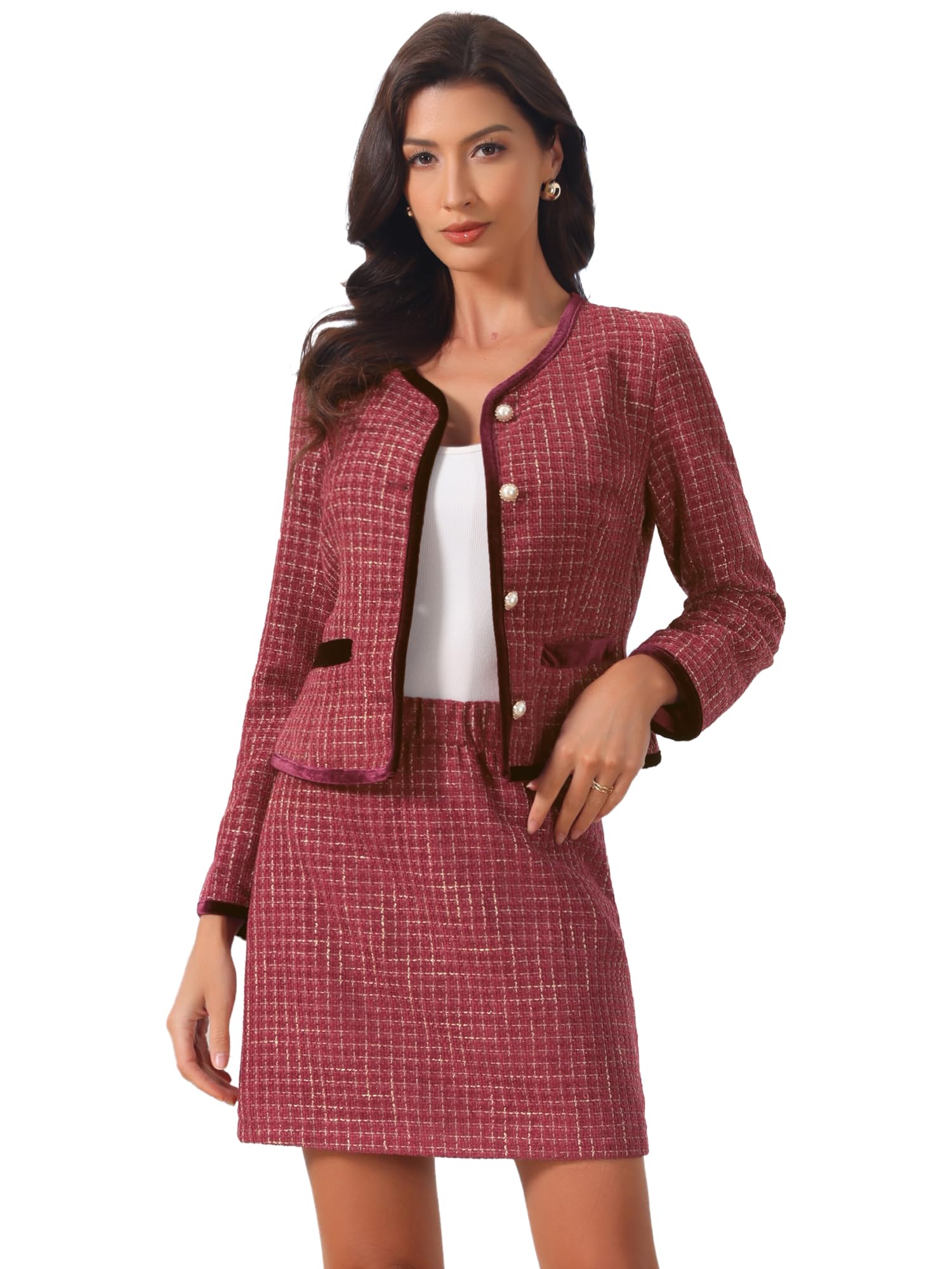 Allegra K Completo da Donna in 2 Pezzi Giacca Blazer Corta in Tweed Scozzese e Gonna