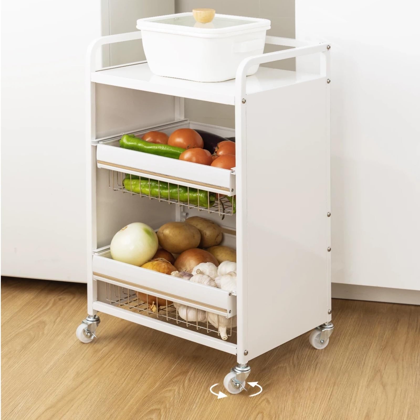 Carro de Almacenamiento Cocina con cajones 4 Niveles, Estante Organizador Cesta Frutas y Verduras rodante Carro Utilitario(Pequeño)