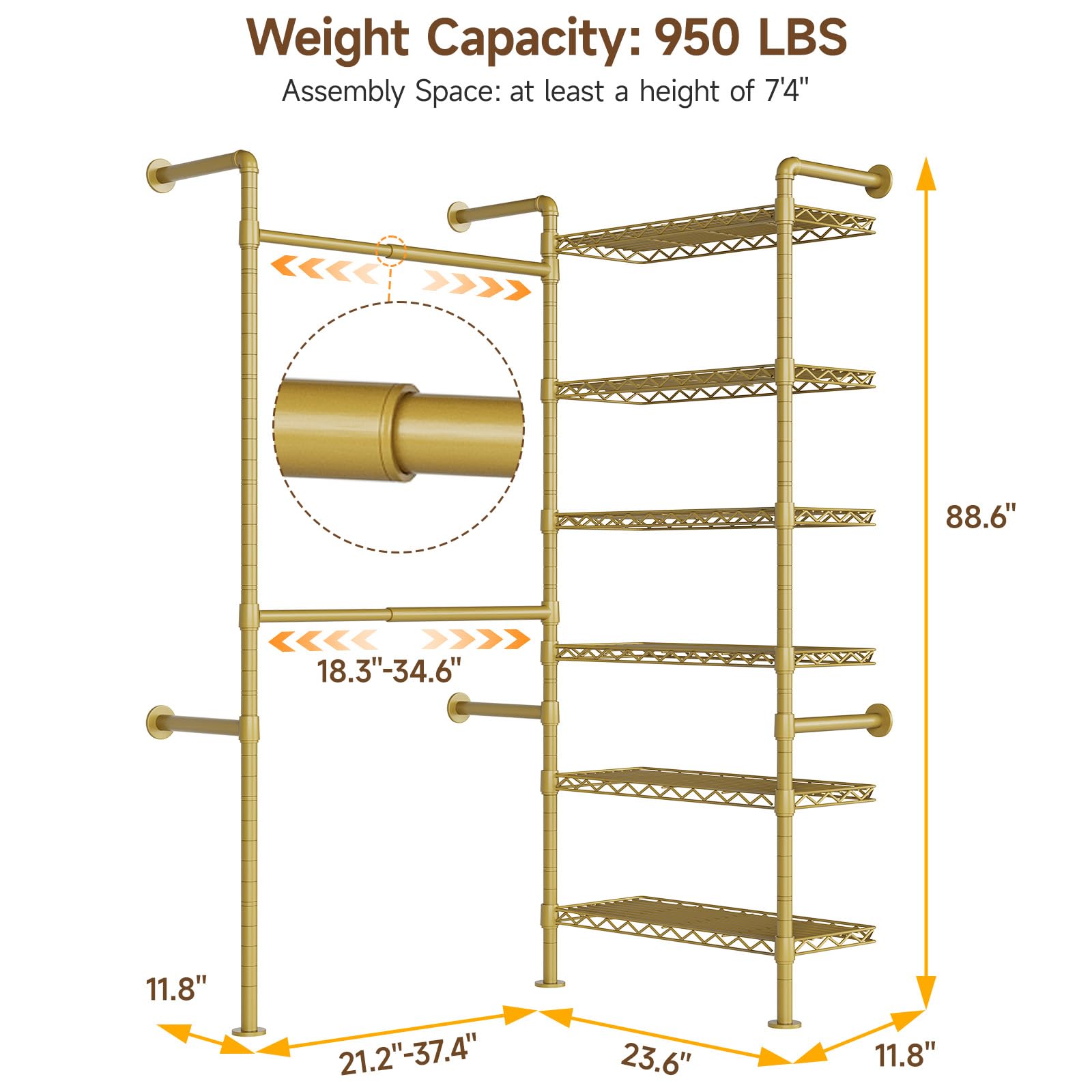 L2 Wall Mounted Closet System, Industrial Pipe Clothing Rack Clothes Racks with 2 Telescopic Rod & 6 Shelves, Heavy Duty Closet Organizers System in Wardrobe Closet, Gold