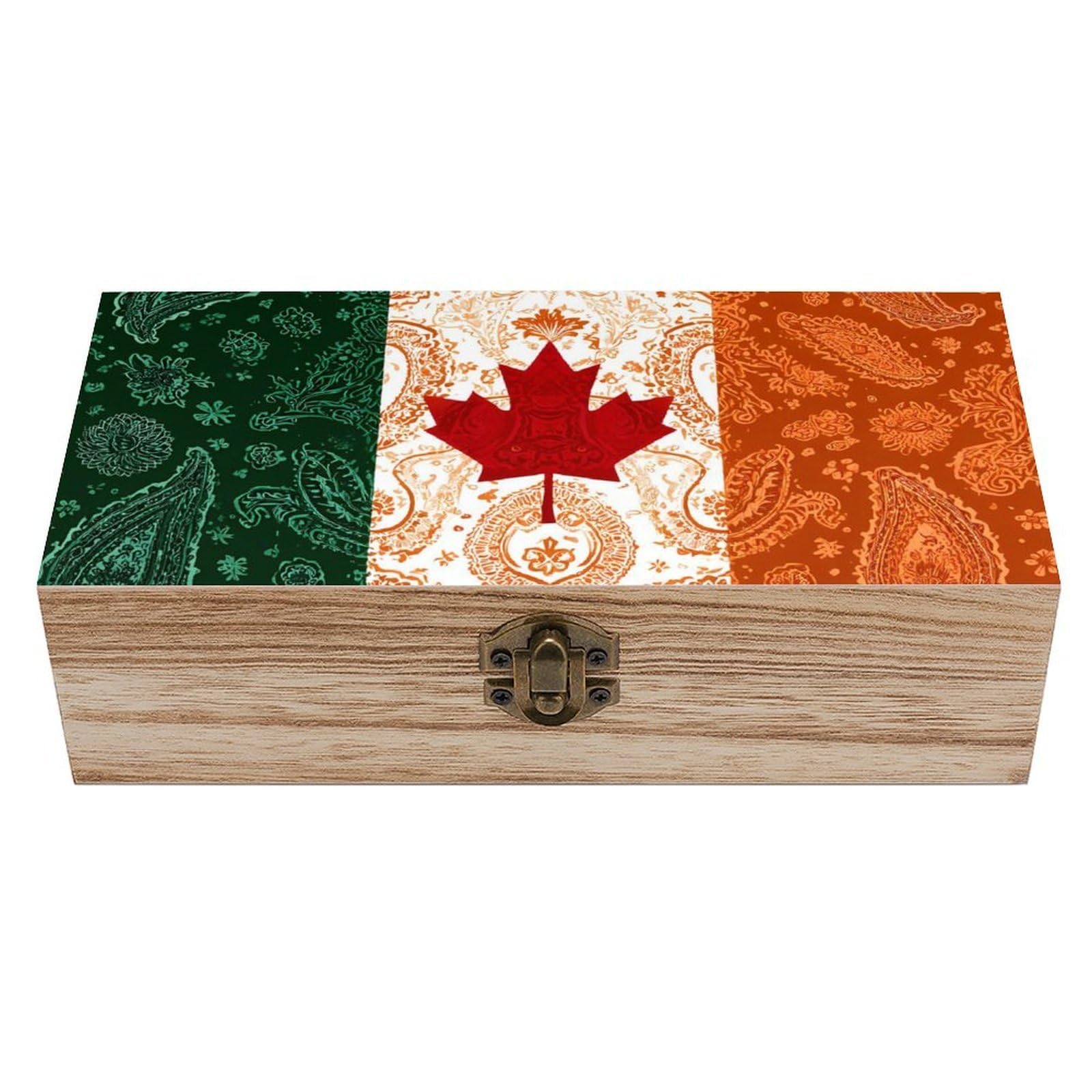 HLBSDM Canada Ireland Flag Paisley Pattern Wooden Box with Hinged Lid Decorative Storage Case Container