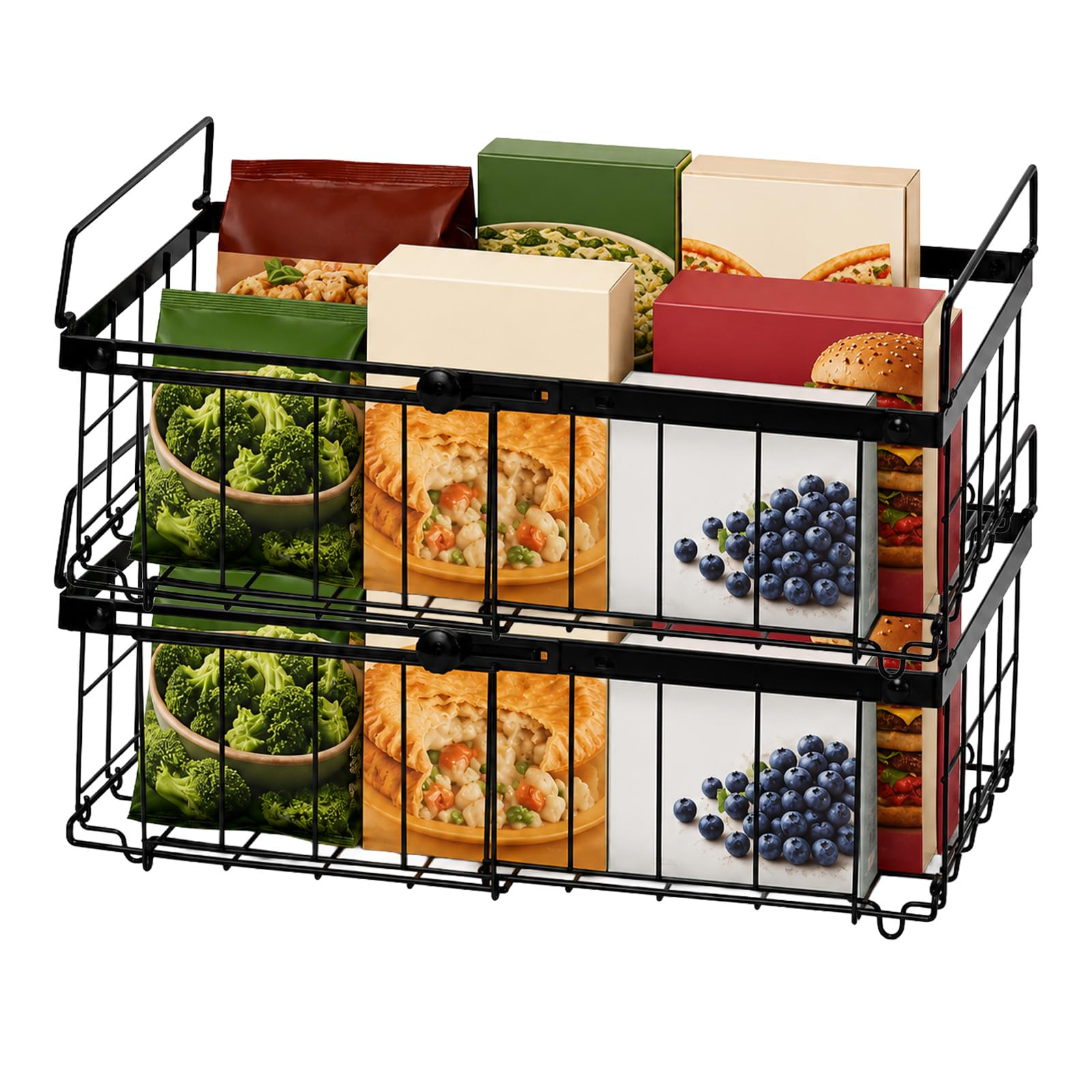 FERNVALE 2 Pack Expandable Stackable Chest Freezer Baskets,Storage Bins with Foldable Handles, Fridge Organisation Containers for Frozen Food, Load Capacity 25KG, Space-Saving Pantry Rack (2, Black)