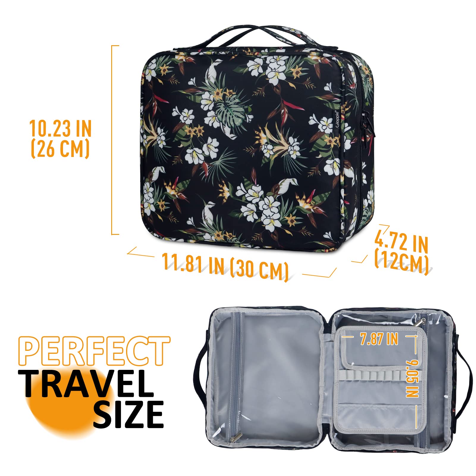 Gloppie Neceser de maquillaje para mujer, XXL, para colgar, organizador de viaje, Negro - Patrón floral blanco, XXL, Maletín de cosméticos