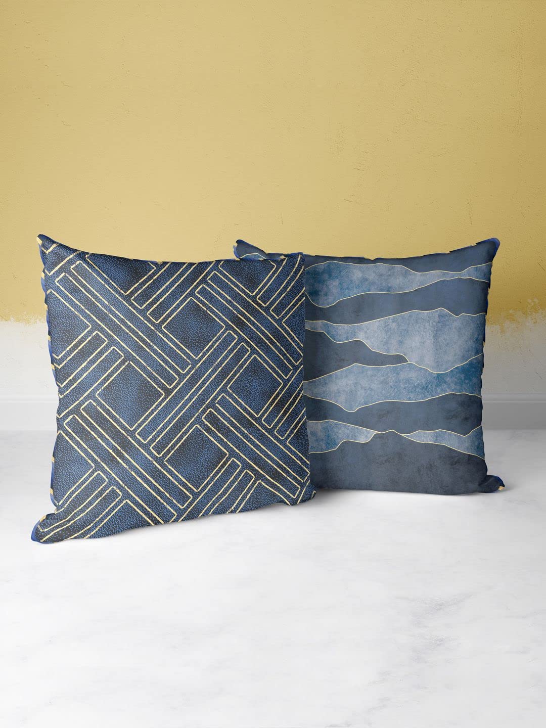 BIANCA Designer Reversible Printed Silk Linen Cushion Covers -2pc 16 X16 Set (Suzane) | with Contrast Front & Back Digital Print | Hidden Zipper Geometric-Checks-Navy/Gold
