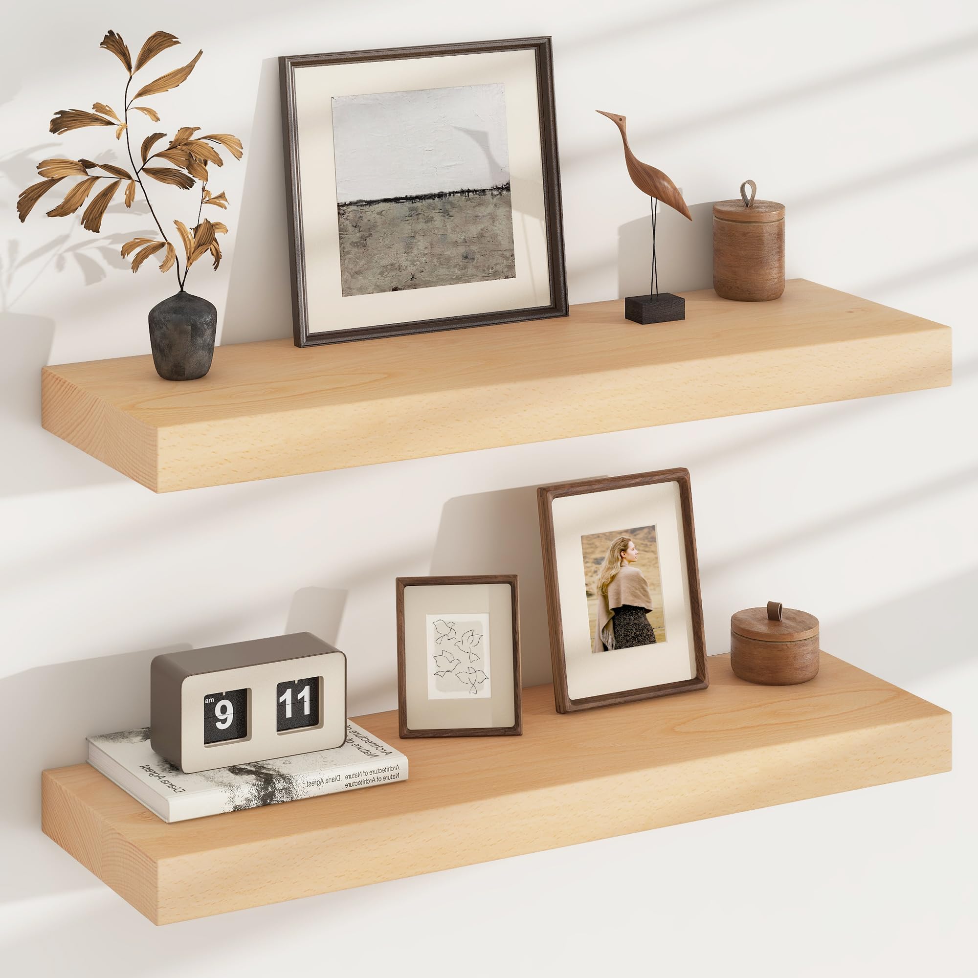 Floating Shelves for Wall, USA-Sourced Beech Wood 30 Inch Wall Shelves Set of 2, Natural Wooden Mounted Picture Ledge Shelf, Nursery Book Storage Shelf Kids Bookshelf Display, Shelf for Bathroom