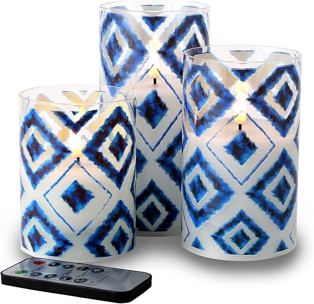 Eywamage Blue Glass Flameless Candles with Remote Flickering LED Battery Pillar Candles Home Decor Gift D 3" H 4" 5" 6"