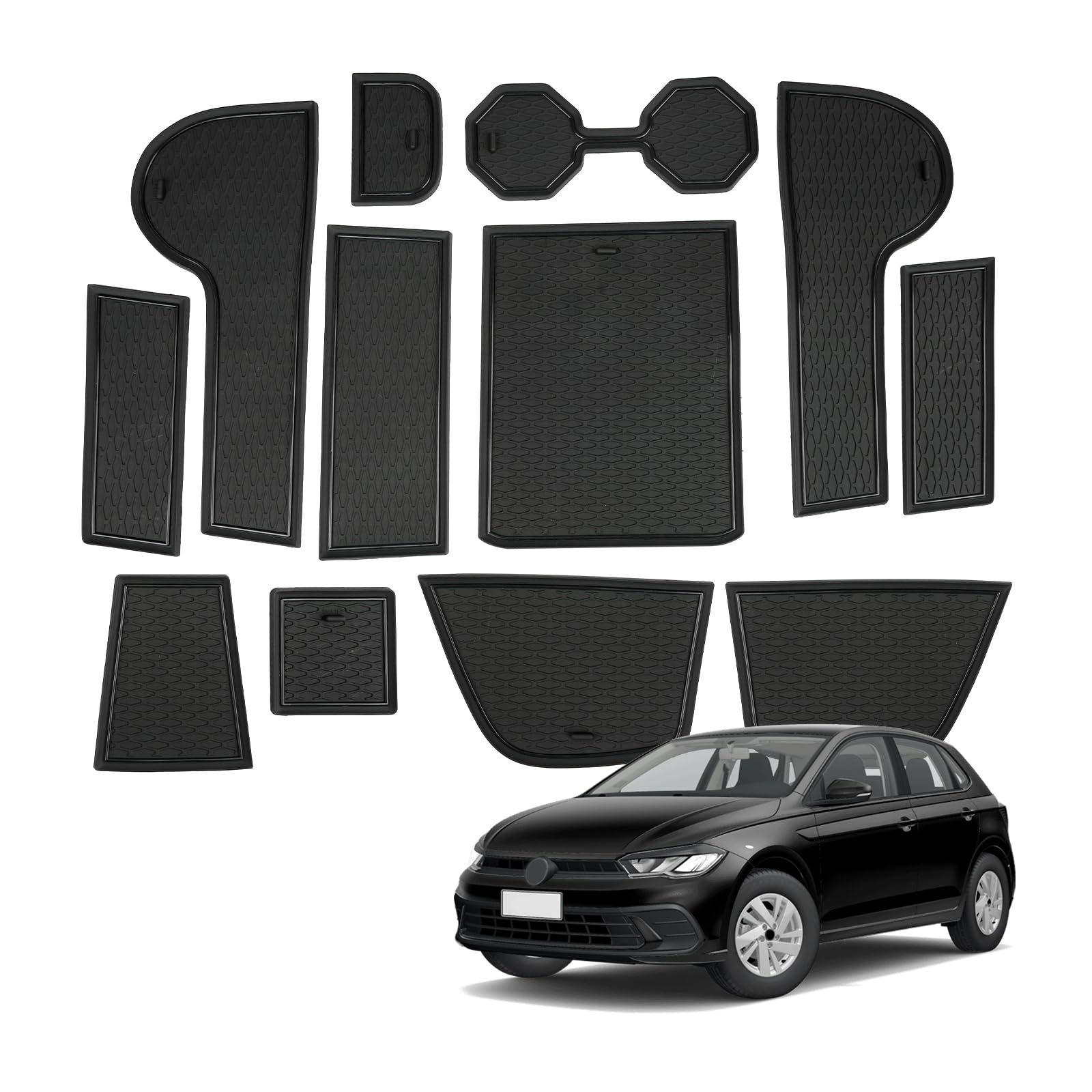 Car anti-slip mats for VW Polo MK6 2017-2025, faithful rubber mat for centre console, cup holder and door holders, suitable for VW Polo Life Style R-Line (Black)