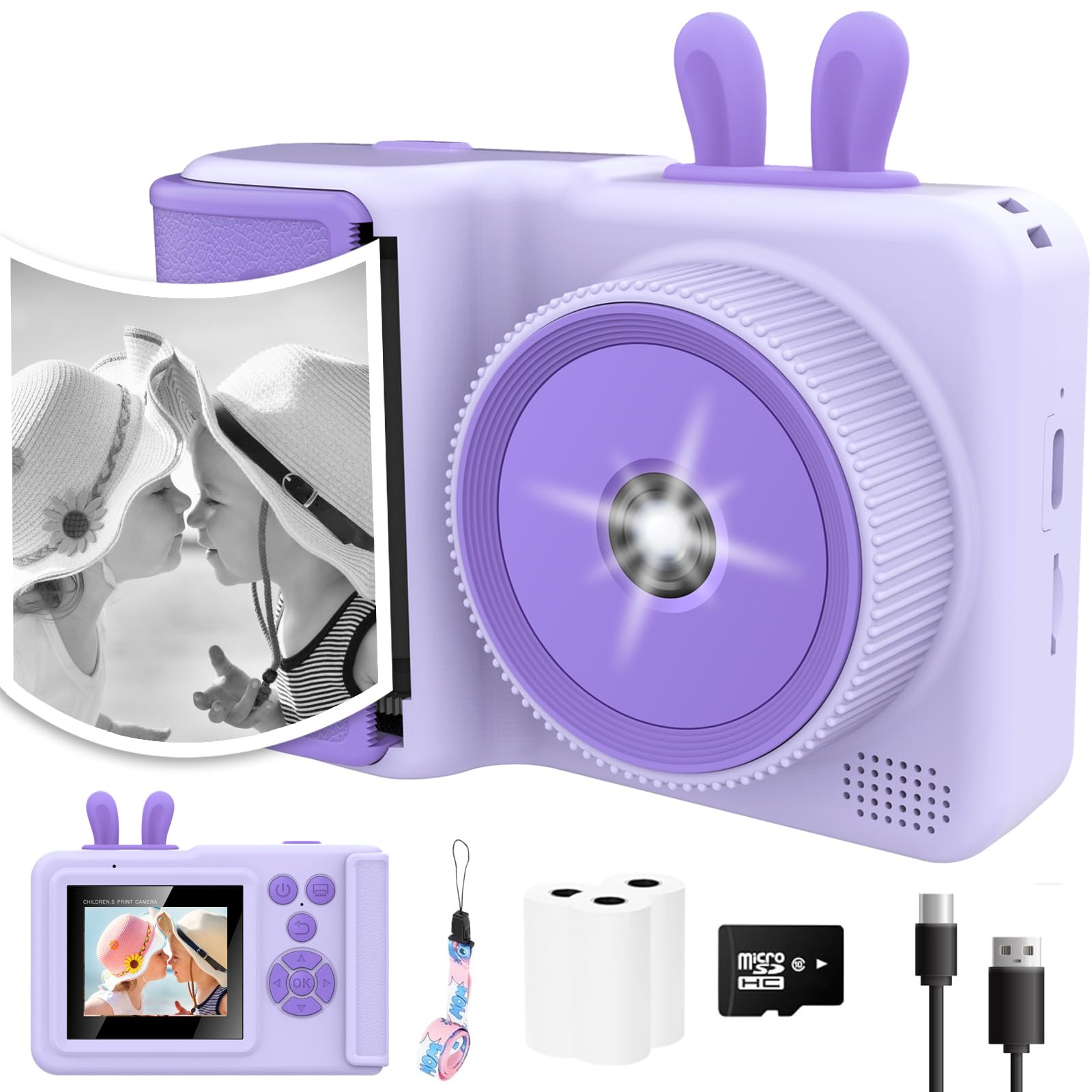 Instant Print Camera for Kids, 1080P Videos - Portable for Ages 3-12, Birthday/Christmas Gift (Purple)