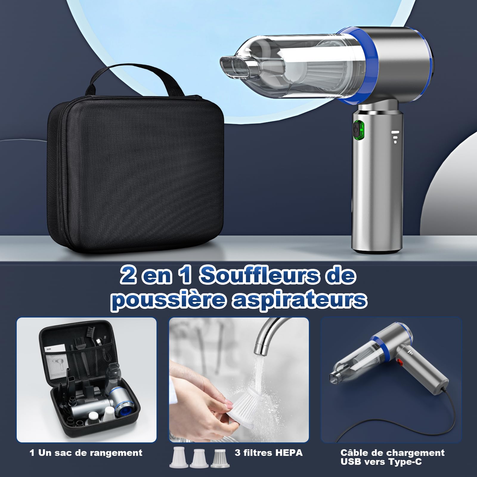 Aspirateur à Main 3 en 1-28 000 PA - Puissant - 3 Vitesses - 240 000 TR/Min - pour Voiture, Cuisine, PC, canapé, Bureau, Maison et Poils d'animaux