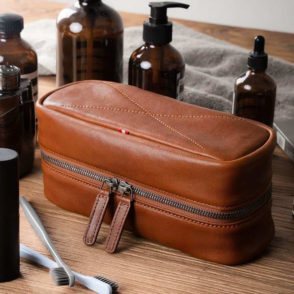 Kulturbeutel aus Leder for Herren – Reise-Dopp-Set und Hygiene-Organizer, perfekte Kultur-Reisetasche for Herren(Black)
