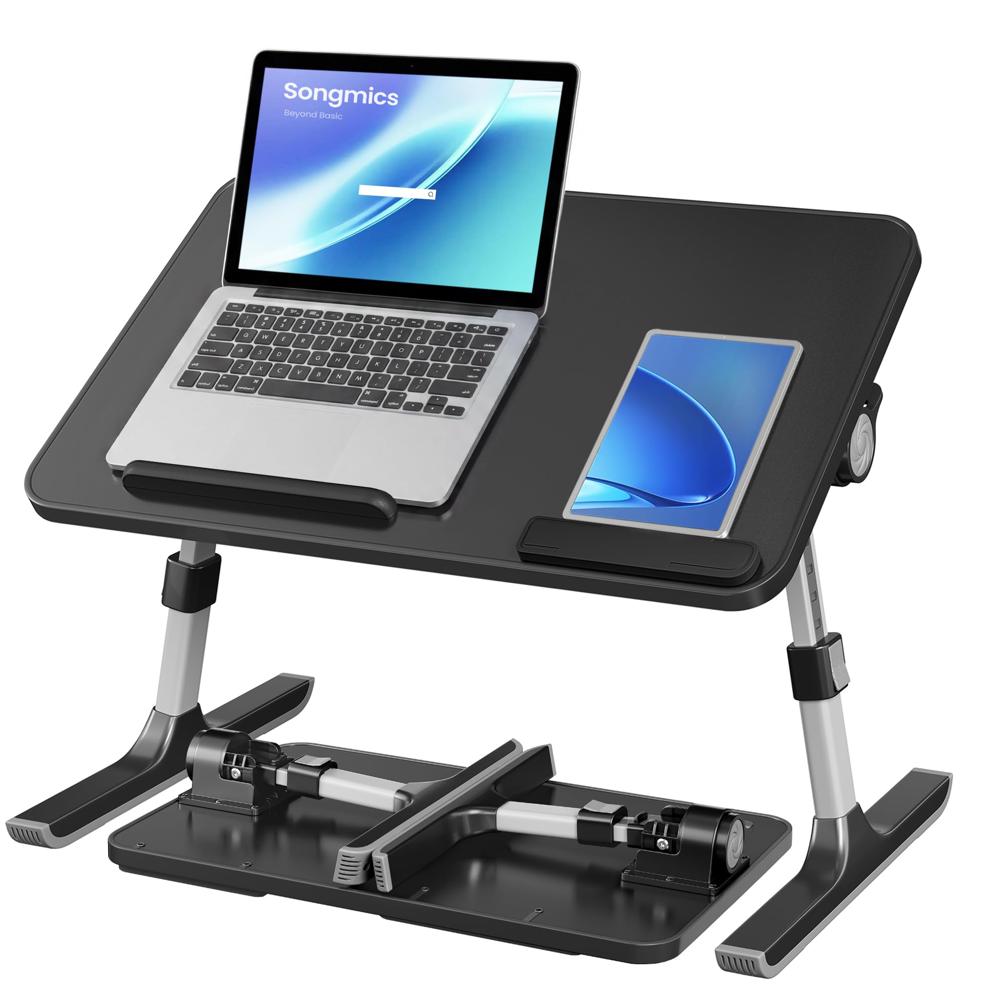 SONGMICS Support Ordinateur Portable, Table de Lit en Alliage d'Aluminium et Panneau de Particules, avec Tiroir, 52 x 30 x 23 cm, Noir Mat, pour Chambre et Salon, Collection Island LLD117B101