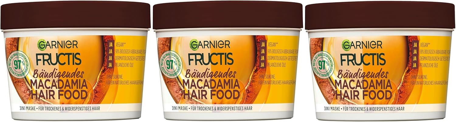 Garnier Fructis Hair Food Macadamia haarmasker, zonder siliconen, voor een natuurlijk haargevoel, 3 x 390 ml