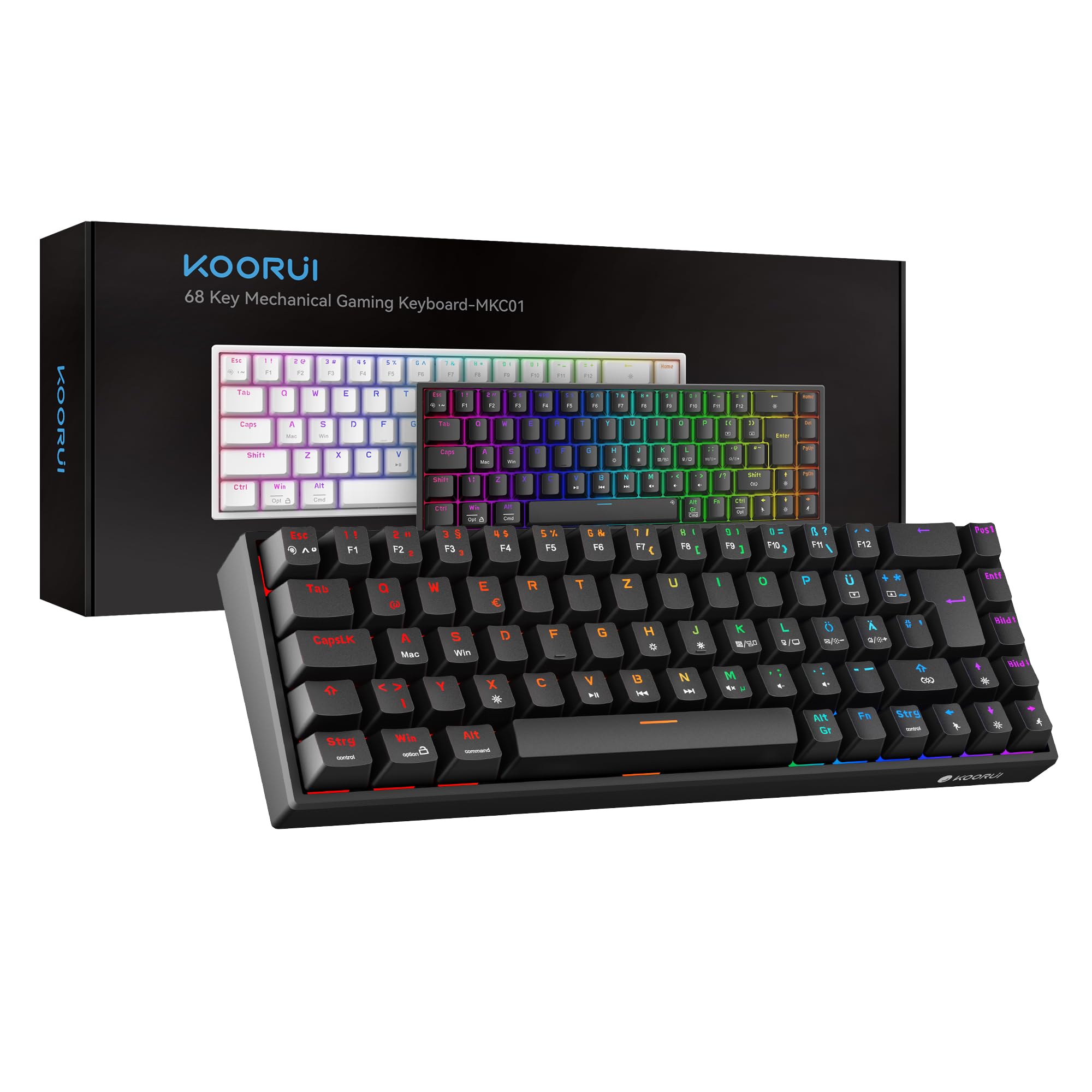 KOORUI Klawiatura mechaniczna, 60% klawiatura gamingowa z 12 przyciskami, wielofunkcyjny przycisk, kabel USB, pełny układ klawiatury, niemiecki układ QWERTZ, do Windows MacOS Linux, czerwony