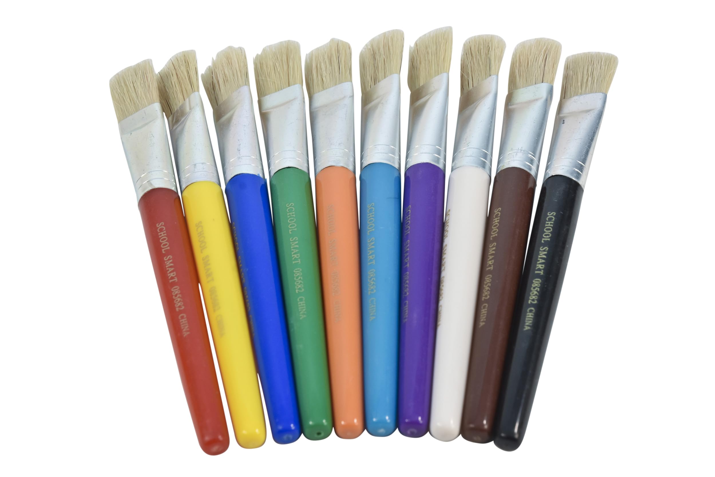 School Smart Stubby Flat Tip Paint Brushes for School and Arts and Crafts Use, Assorted Colors and Sizes, Set of 10