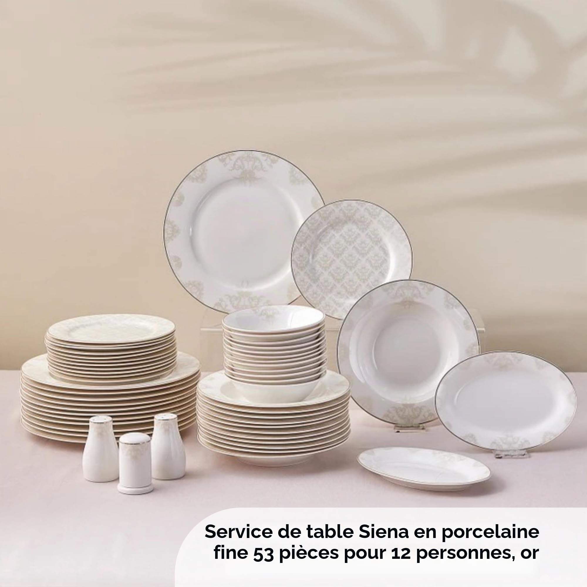 Karaca Siena Assiettes Service de Table 12 Personnes, 53 Pièces, Set de Vaisselle Porcelaine avec Assiette, Bols, Plateaux de Service Rectangulaires, Salier et Poivrier, Blanche