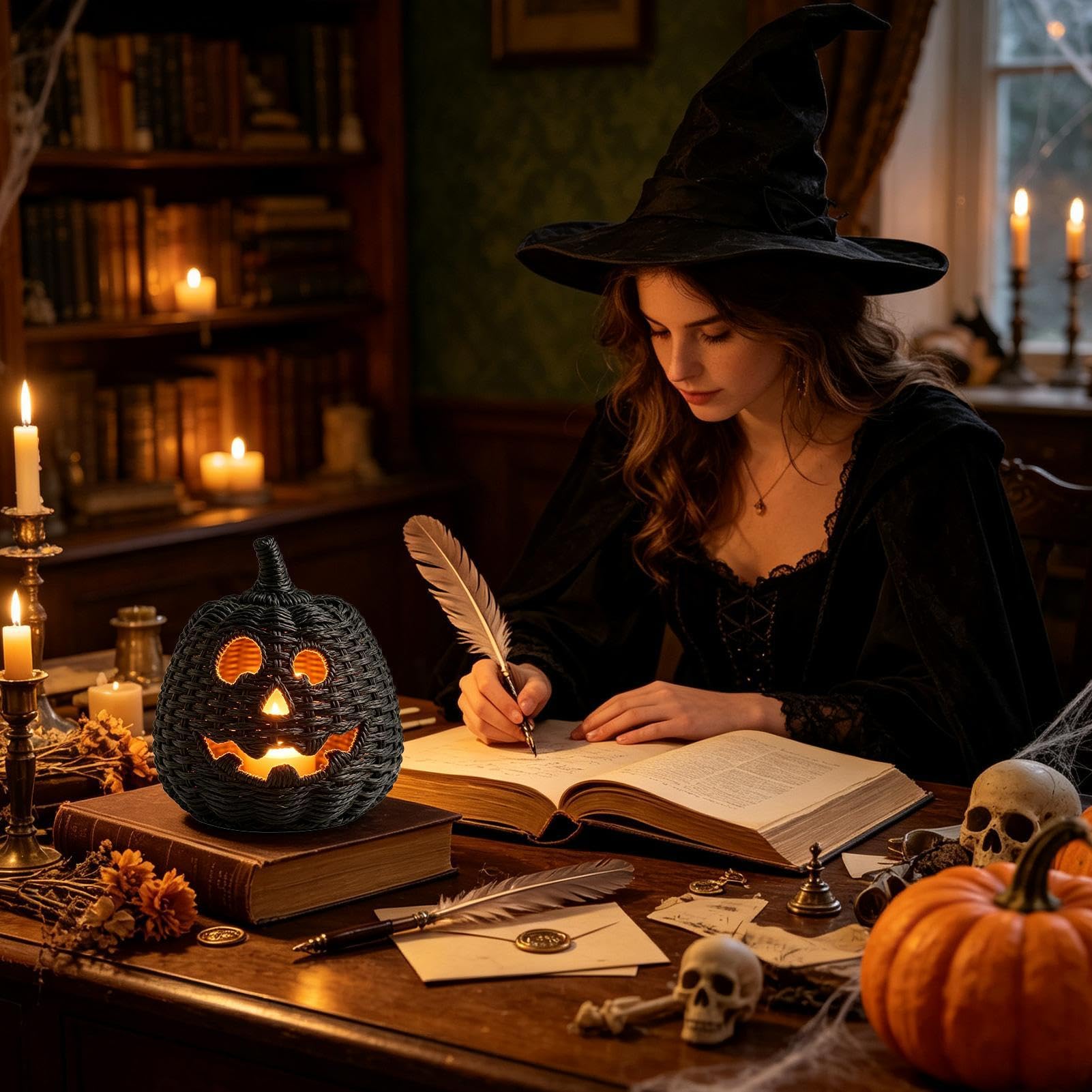 Pleciona dynia Halloween straszna czerń, realistyczna | Halloween kosz z dynią z pokrywką do domu salon stół gzyms kominkowy kominek wejście parapet