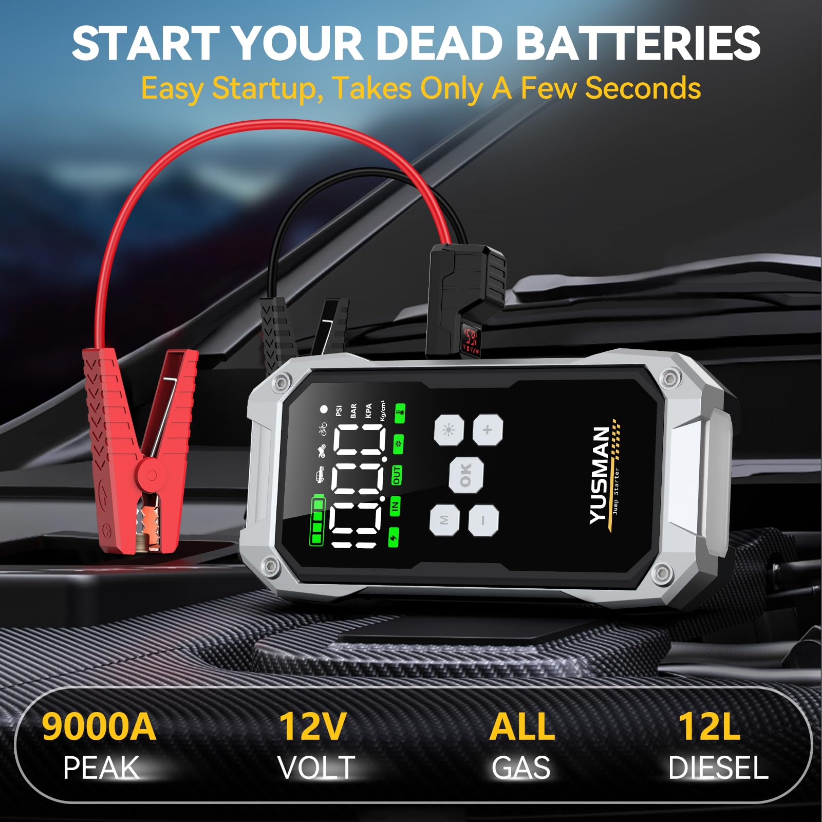 Car Jump Starter with Air Compressor, 9000A 150PSI Jump Starter Pack (All Gas/10.0L Diesel), 12V Battery Jump Starter with Display, Smart Jumper Cables, 2 LED Light