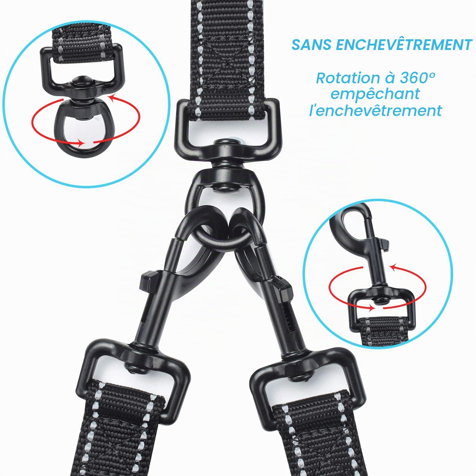 PetBonus Laisse Double pour Chien, Double Laisse Anti-Enchevêtrement Réfléchissante, avec 4 Poignées Rembourrées Confortables pour Chiens de Taille Moyenne ou Grande (Noir)