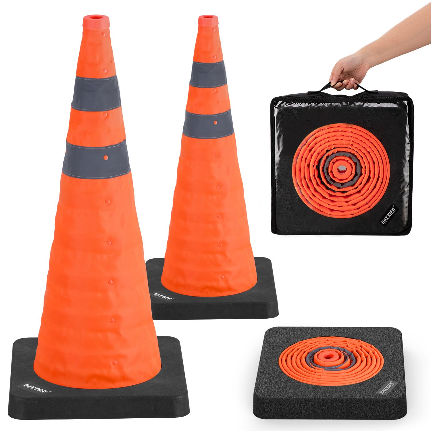 BATTIFE [2 Pack] 28 Inch Collapsible Traffic Safety Orange Cones with Black Weighted Base, Multi Purpose Pop-up Cones and Reflective Collar, for Road