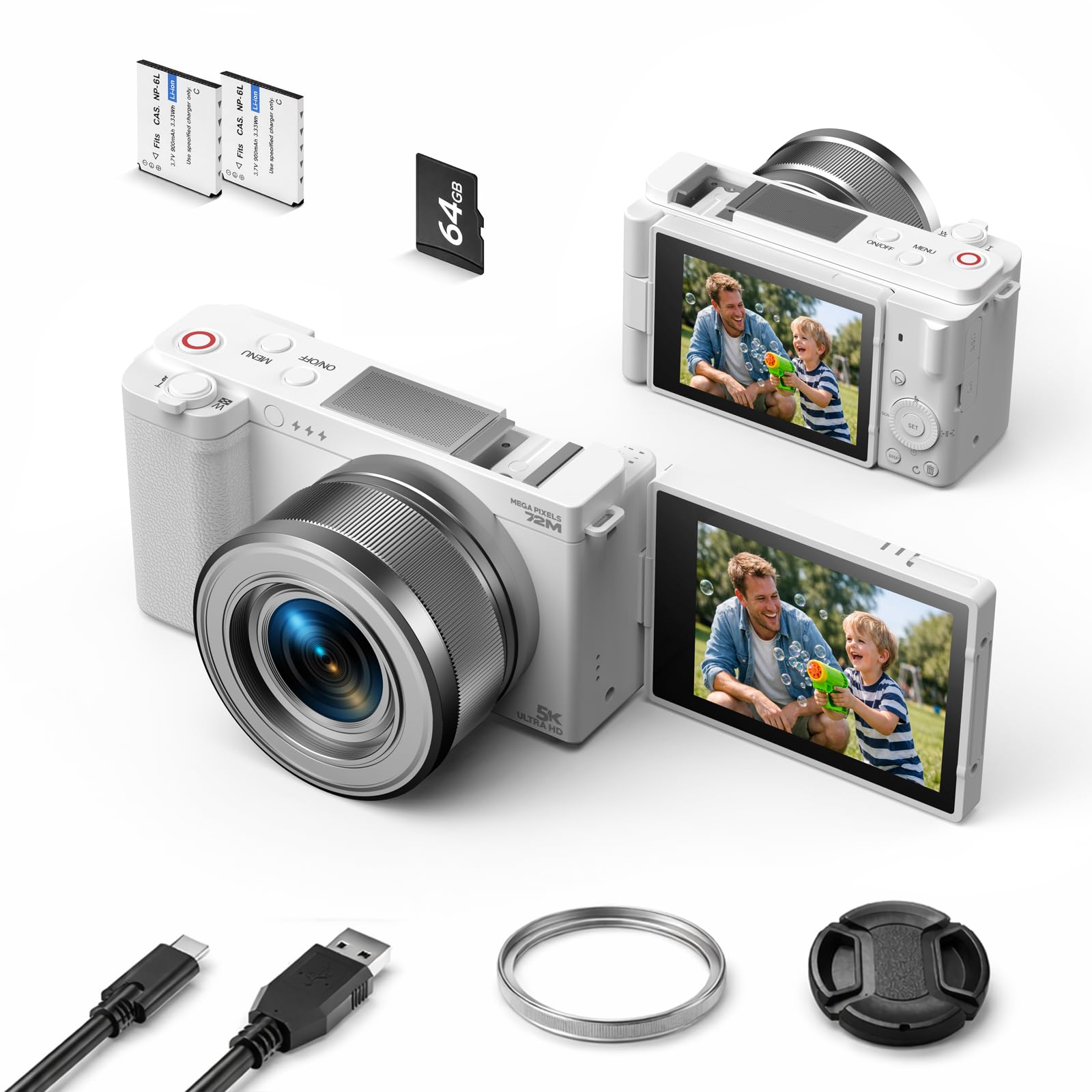 Digital Camera Beginners Teens, 5K 72MP Vlogging Camera YouTube with Flip Screen, 6X Optical Zoom & Autofocus, Selfie Compact Travel Cameras, Anti-Shake, 64GB TF Card, 2 Batteries