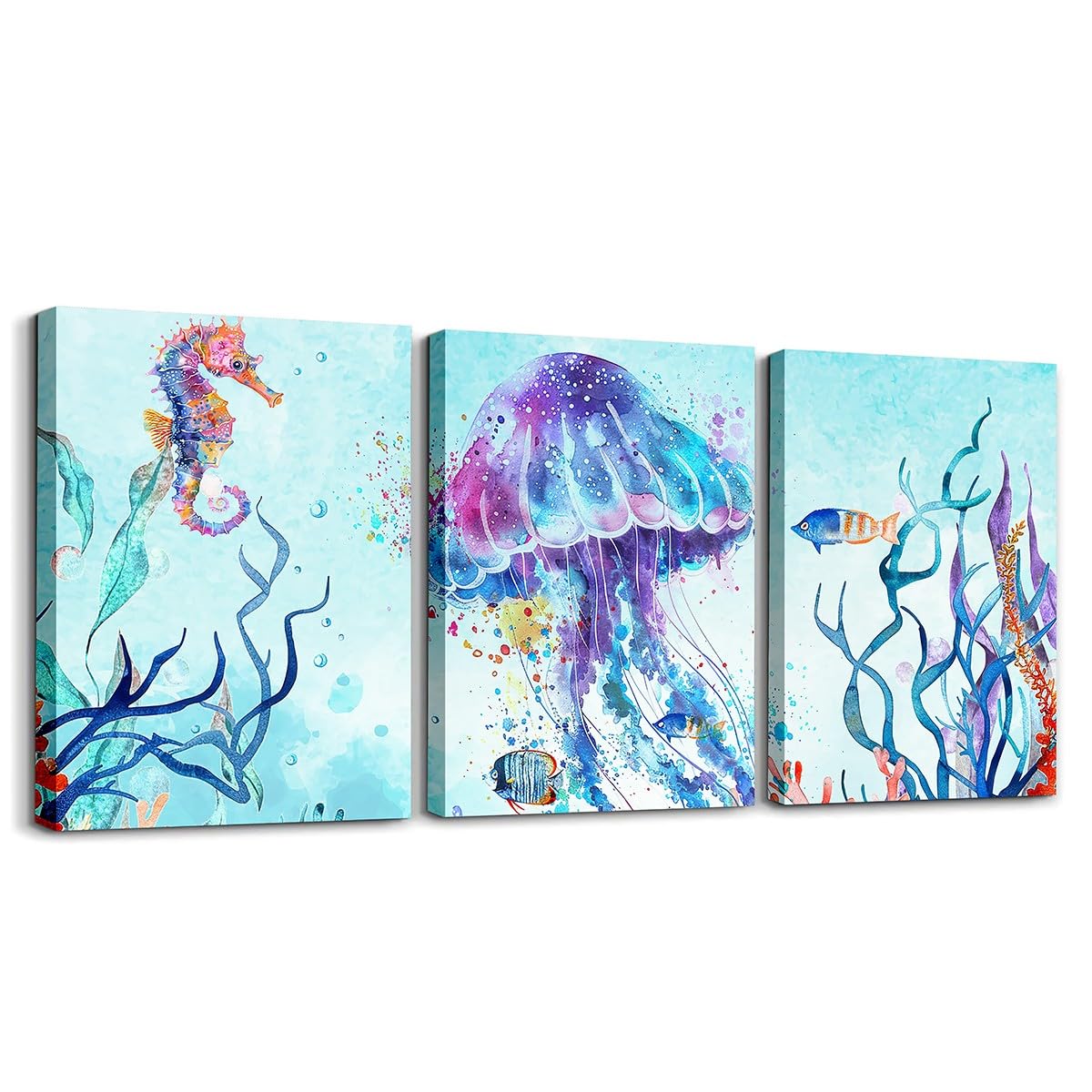 Loussiesd Boys Girls Jellyfish Wall Painting Ocean Canvas Wall Art for Living Room Bedroom Sea Kids Picture Wall Decor for Ocean Coastal Bathroom Wall Art 40X30cm 3Pcs