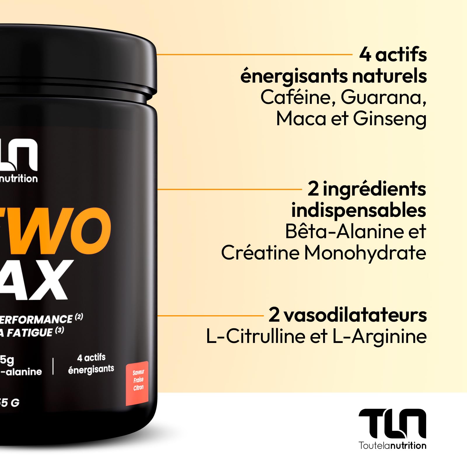 PREWO MAX | Pre-Workout avec Créatine, Caféine, Bêta-Alanine, Citrulline et Arginine | Énergie + Congestion Musculaire | Ginseng, Maca et Guarana | Saveur Fraise Citron | 255g de Poudre Vegan | TLN