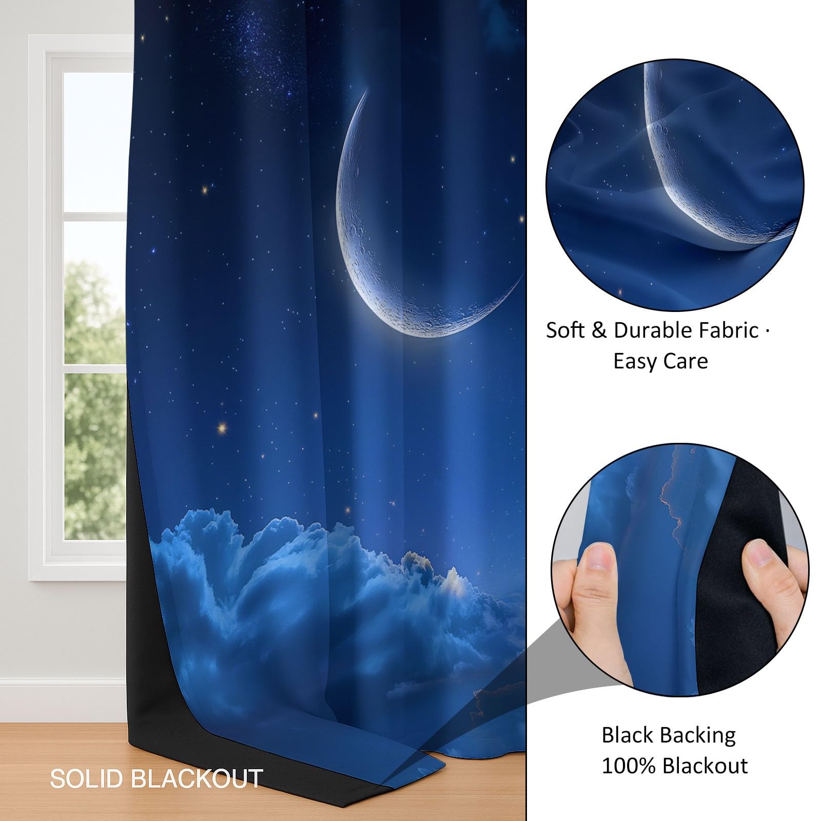 Rideau Occultant Bleu, Ciel Étoilé Croissant Nuages Rideaux à Oeillets, Rideau Thermique Isolant Anti Froid et Chaleur pour Salon Chambre Chambre D'enfants Fenetre Décoration 92L x 214H cm Lot de 2