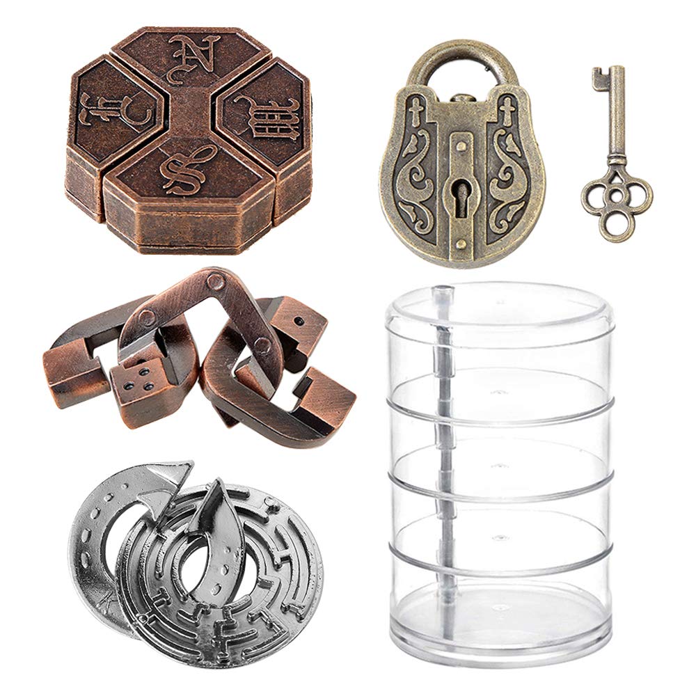 Haploon 4 Pieces Metal Hole Lock Puzzle, Brain Teaser Set IQ Disentanglement Toy Pack Magic Trick Ga