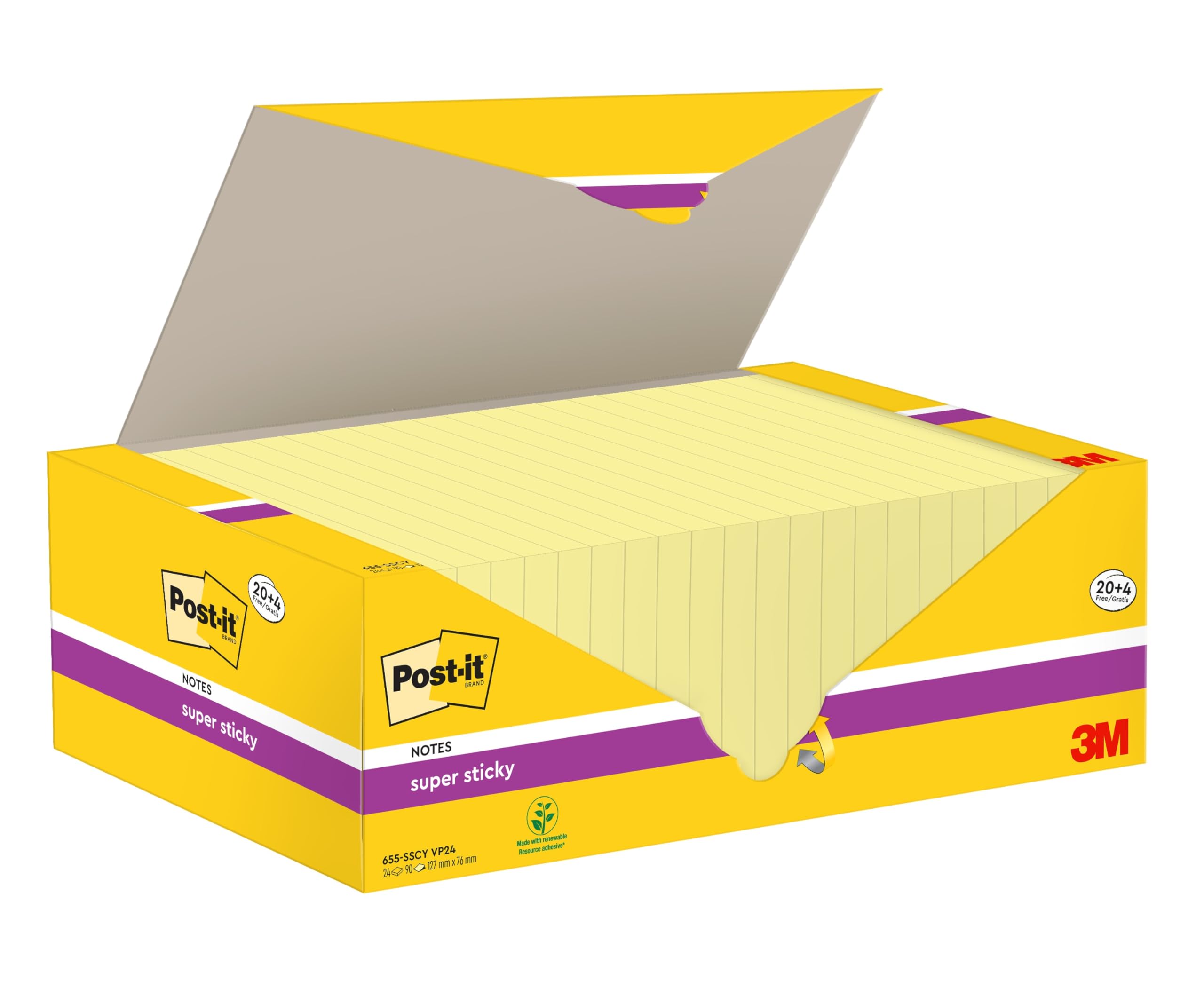 Post-it Super Sticky Notes, 24 Blöcke (2160 Blatt), 127 mm x 76 mm, Gelb