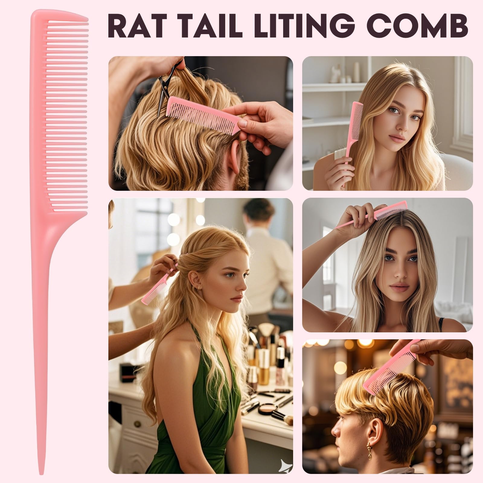Set di 3 pettini a coda di topo, pettini a denti fini per donne e ragazze, strumenti per la separazione e lo styling dei capelli (rosa, viola, blu)
