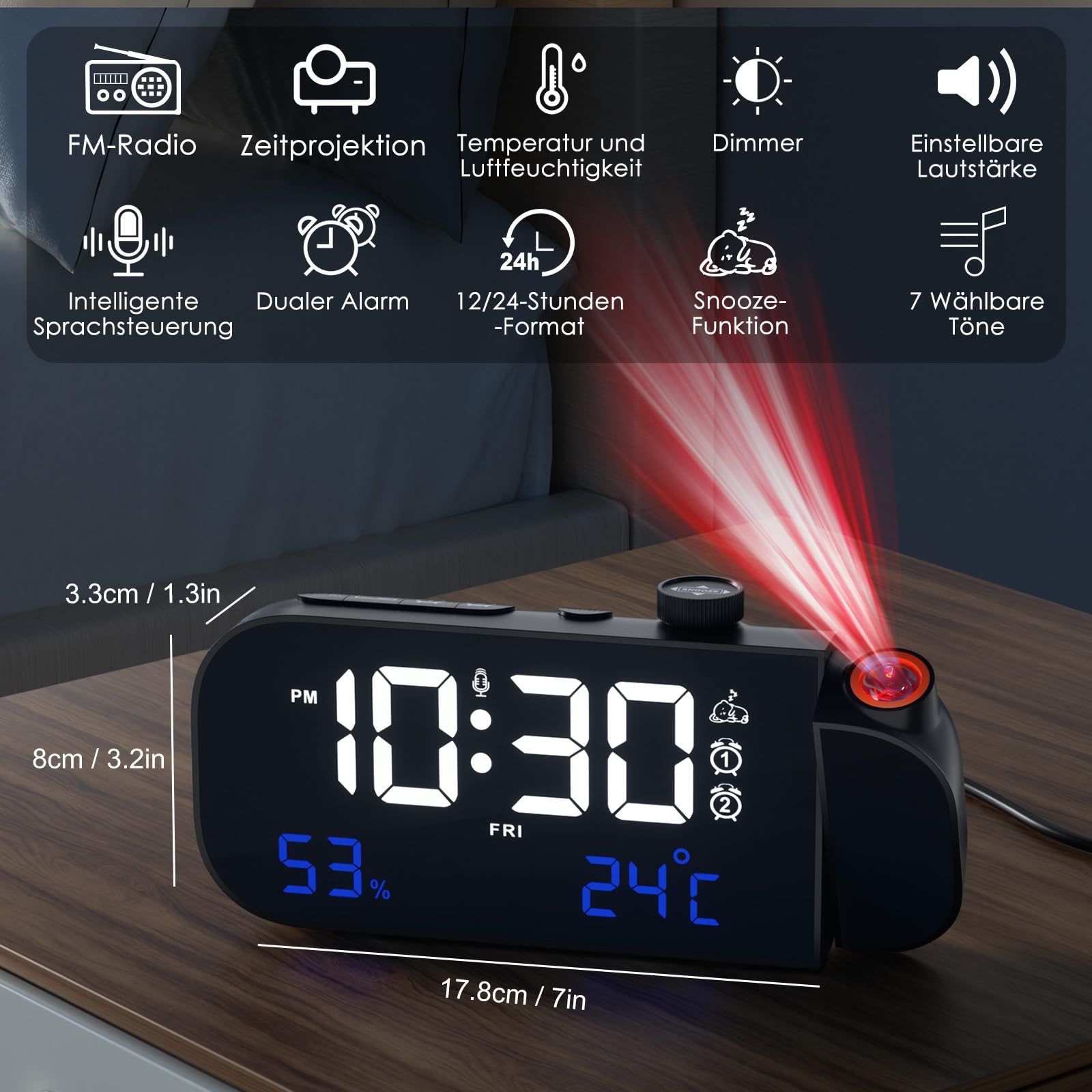 MOSUO Wecker mit Projektion, Radiowecker mit Temperatur und Luftfeuchtigkeit, Digital Projektionswecker, Lauter Digitaler Wecker für Schlafzimmer, mit 2 Weckzeiten, Sprachaktiviert, Dimmer, 7 Musik