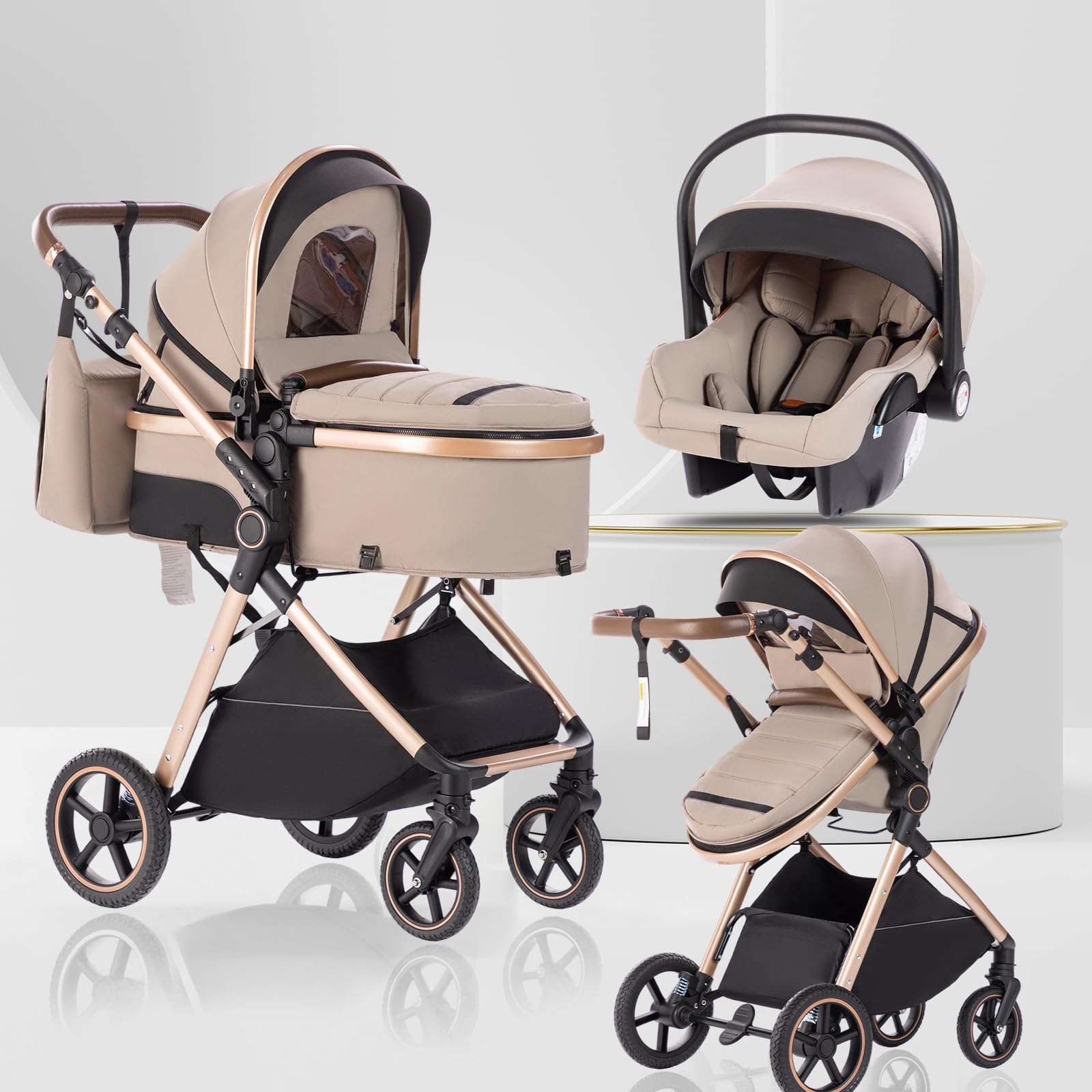 Poussette 3 en 1 avec Nacelle, Poussette de Voyage's Nacelle est Pliable, Trio Poignée est Réglable, les Roues sont en Matériau PU, pour Enfant de la Naissance à 3 Ans-Kaki-Beige