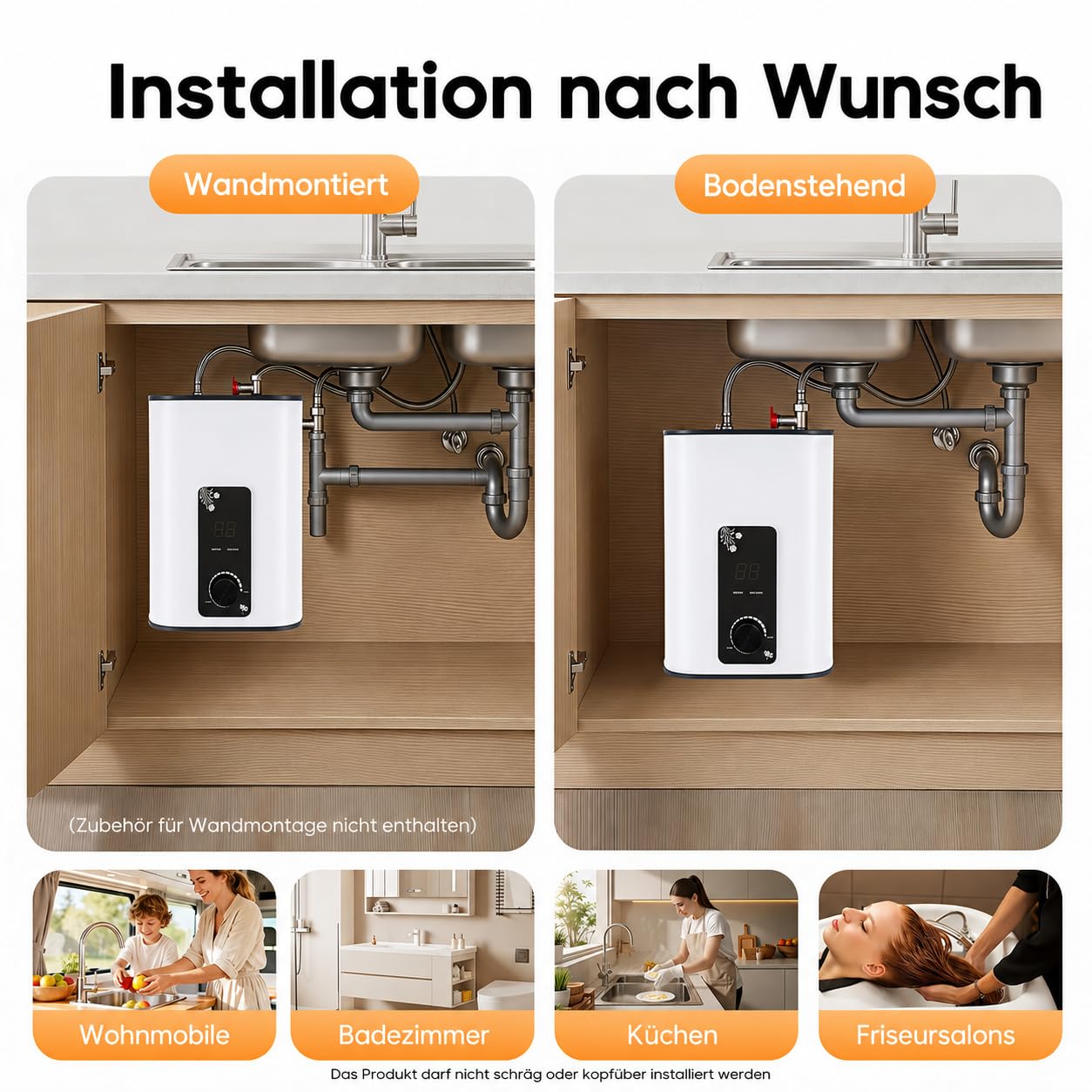Warmwasserspeicher 8L Untertisch Boiler 1500W Kleiner Druckfester Warmwasserspeicher mit Thermostop-Funktion Untertischboiler 0-65℃ Einstellbarer Temperatur Einstellbar für Küche Bad (8L)