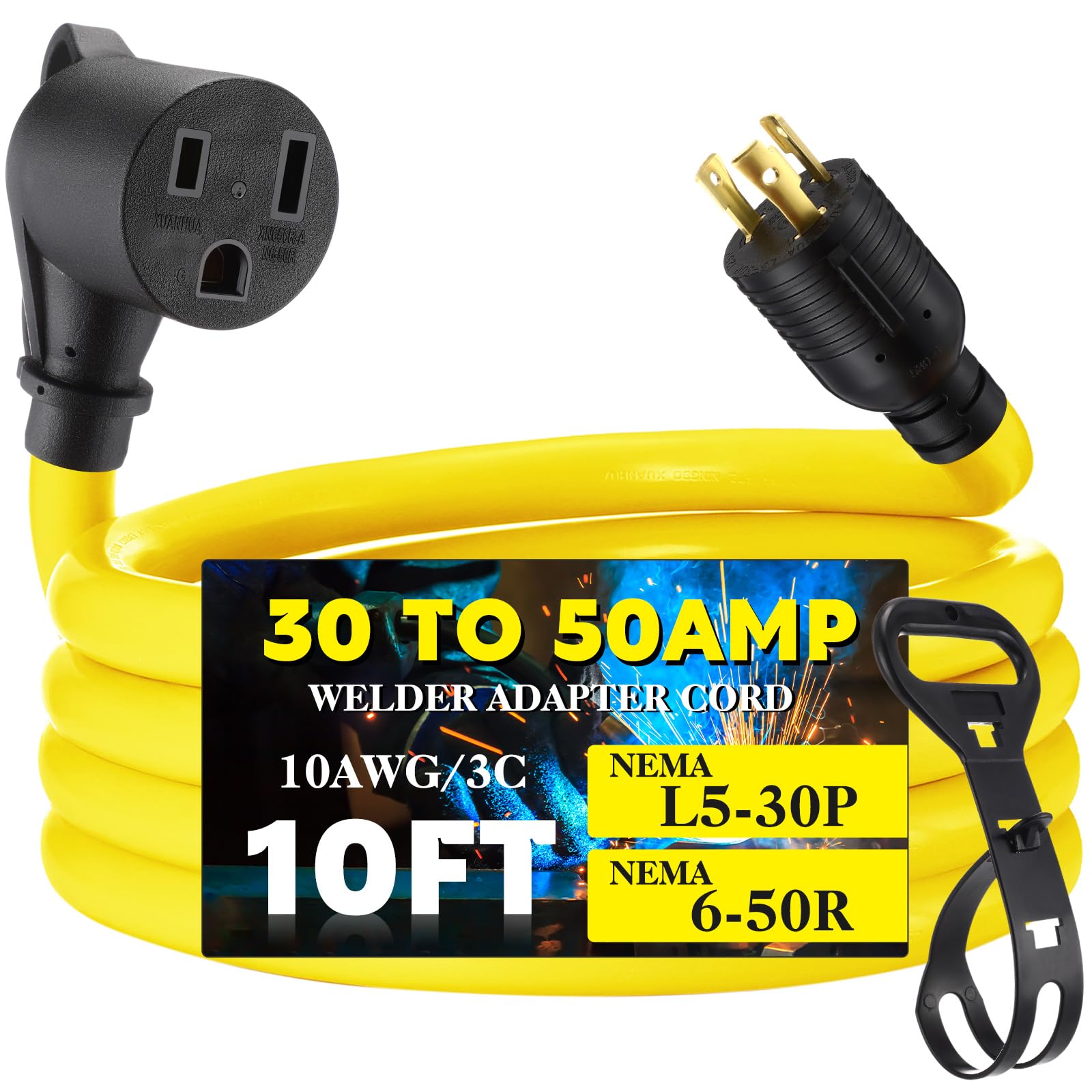 Tellegloww 10ft Welder Adapter Extension Cord 30amp to 50amp, Compatible with Nema L5-30p Male to 6-50r Female Locking 3 Prong to 3 Prong Welding